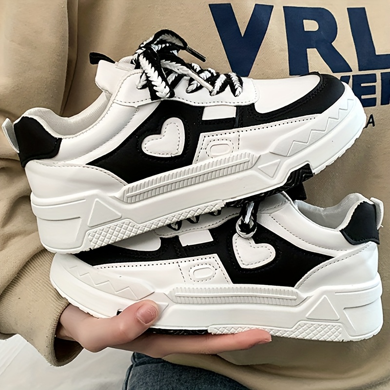 Women'S Stylish Black & White Low-Top Sneakers with Heart Accents - Comfortable Lace-Up Walking Shoes, Durable Rubber Sole, All-Season Versatile Casual Footwear, Ladies Sneakers