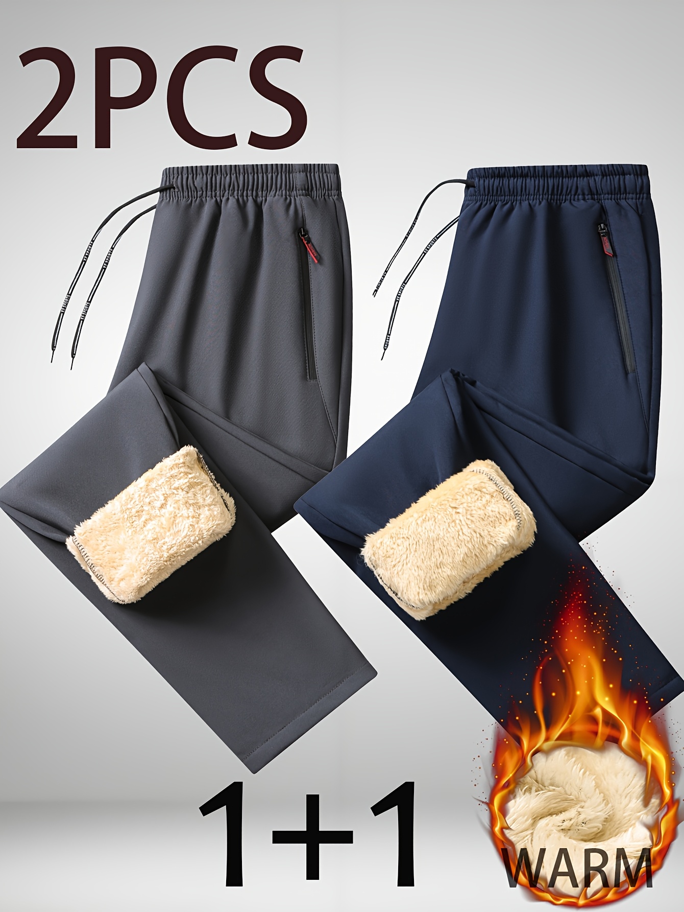 2pcs Men'S Warm Fleece-Lined Thermal Pants with Zipper Pockets - Thickened Winter Warmth, Straight-Leg Casual Sports Pants for Hiking, Outdoor Training & Daily Wear, Hiking Apparel | Straightleg Pants | Durable Fabric