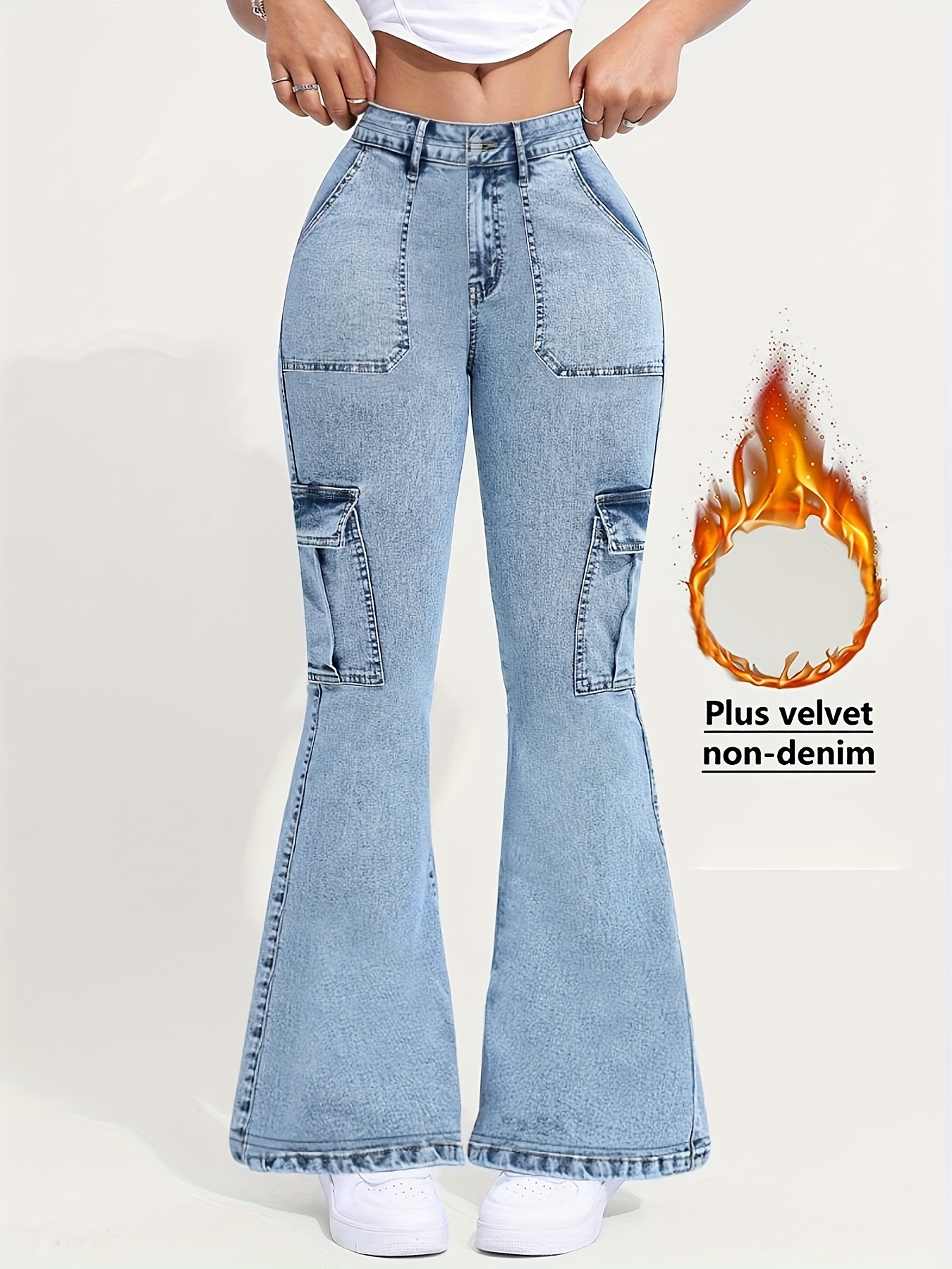 [Denim Print/Imitation Denim] Women's High-Waisted Skinny Jeans-Like Bell-Bottom Leggings - Imitation Denim Print Tummy Control Pants with Stretch, Winter Warmth & Fringe-Free Hem (Machine Washable) for Jeans/Skirts Layering - Cold Weather Trousers