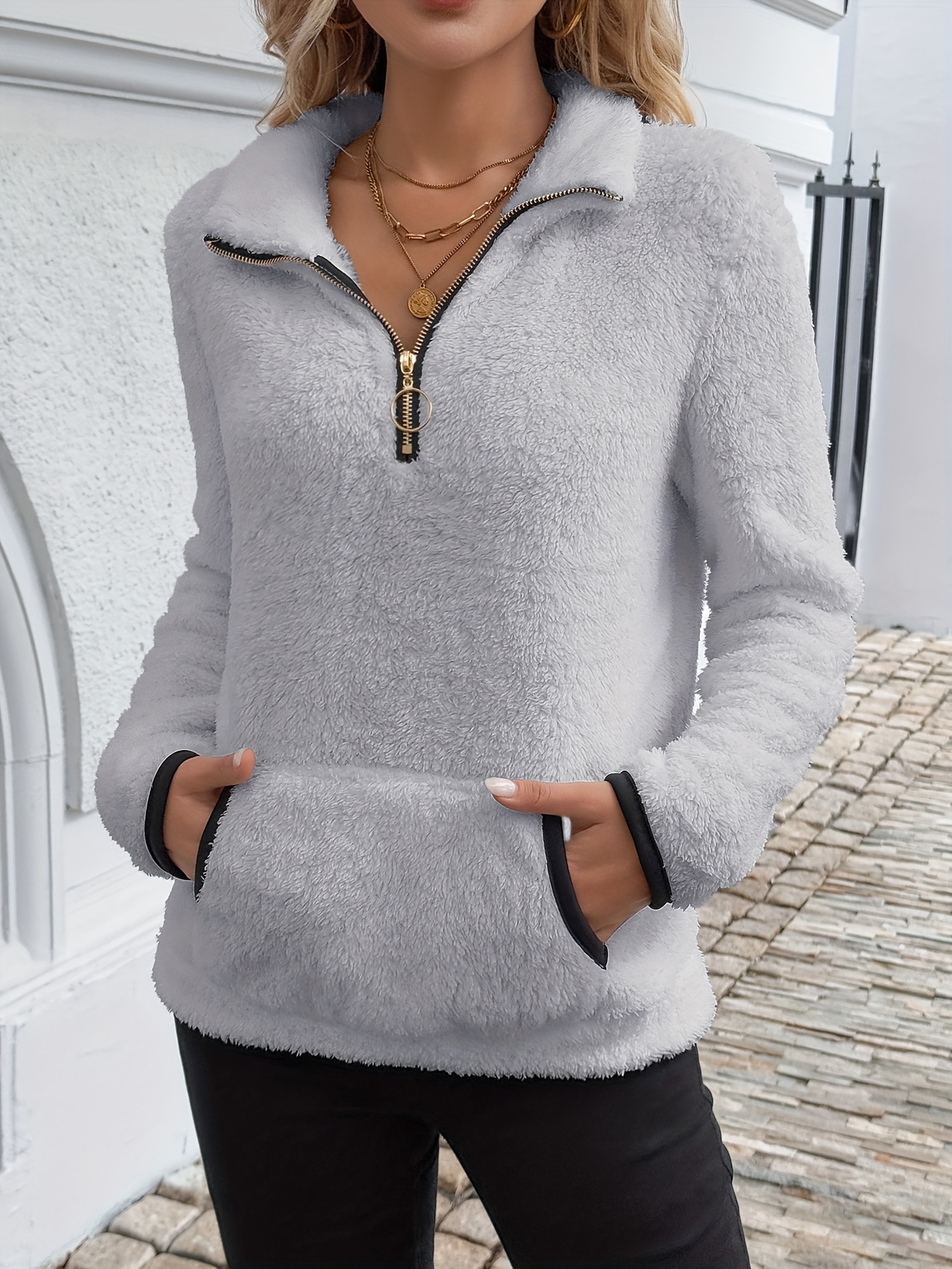 Autumn/Winter Women's Fashion Casual Half-Zip Long Plush Warm Sweatshirt
