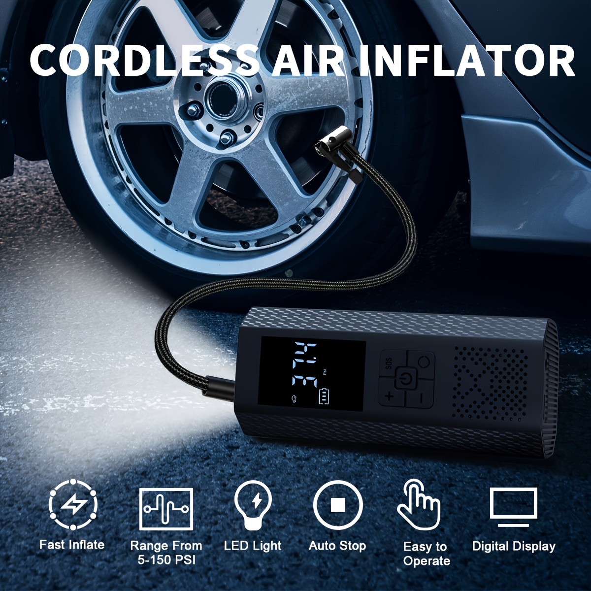 Portable Air Compressor Tire Pump, 150PSI Car Tire Air Pump with Tire Pressure Gauge, LED, 3x Faster One-Click Smart Wireless Tire Inflator for Cars, Motorcycles, Bicycles, Balls, etc - Image 8