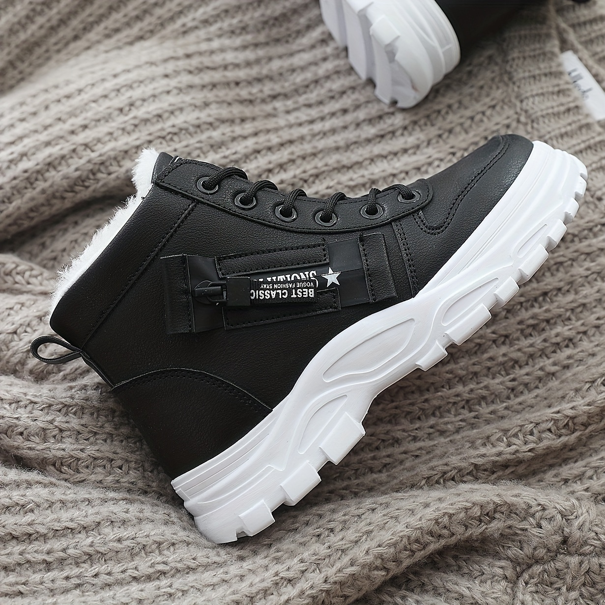 Women'S Winter Boots - Slip-On/Lace-Up Closure, Cushioned Insole & Non-Slip Rubber Sole - All-Season Cold Weather Shoes - Black/White - Everyday & Formal Outfits - CNSN Women'S, Ladies Winter Boots, Casual Winter Footwear, Fabric Lined Interior