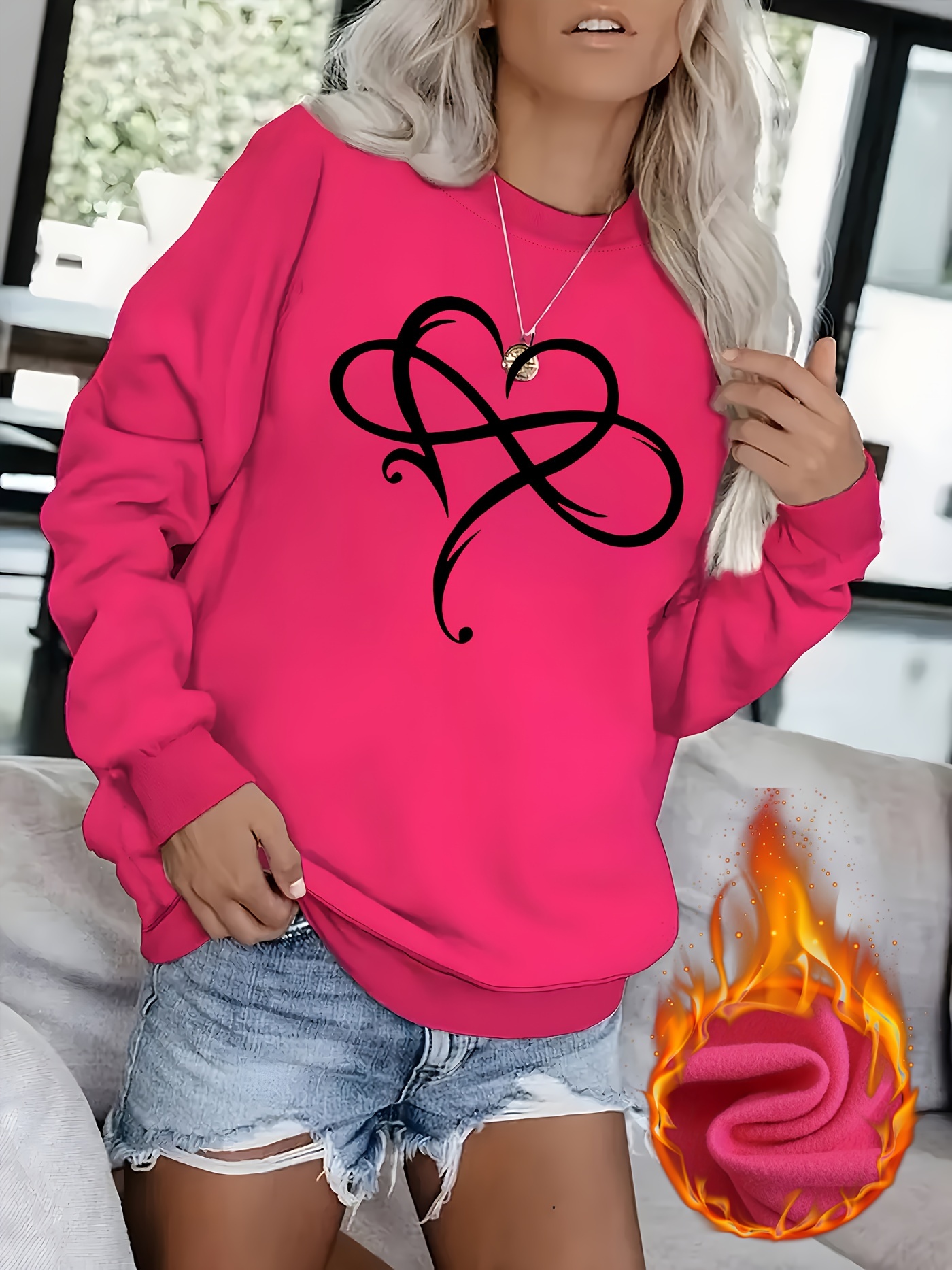 Women'S Cozy Fleece-Lined Long Sleeve Crewneck with Elegant Heart Design - Soft, Warm, and Stylish for All Seasons, Perfect for Lounging at Home, Cozy Loungewear | Heart Pattern Pullover | Soft Fabri