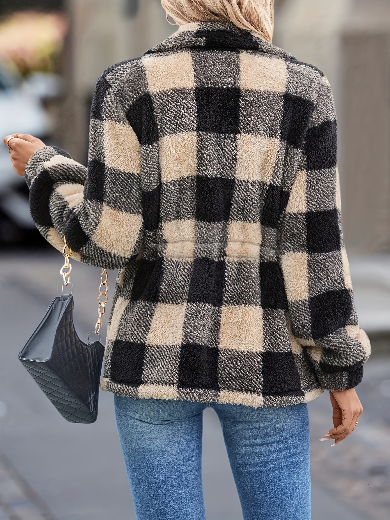 Women's Elegant Teddy Jacket, Soft Polyester Blend Coat with Full-Zip Front, Black/Beige/White/Gray Plaid Pattern, Machine Washable All-Season Outerwear for Casual & Formal Outfits, Chic Everyday Outerwear, Versatile Layering, Classic Silhouette, Durable Construction, Stylish Coat, Fashionconscious Women, Layering Piece, Twotone Design, Highquality Fabric, Fashionconscious Buyers