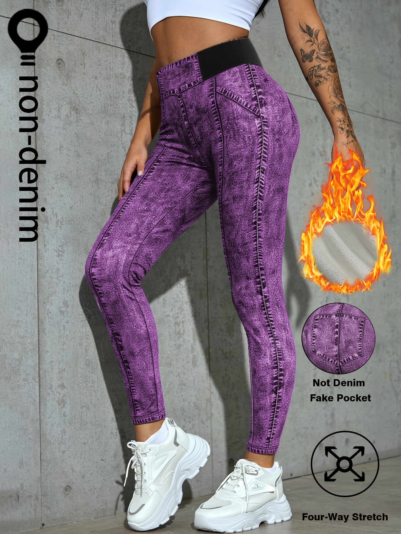 【imitation denim】These Printed Fleece-Lined Leggings Have a Stylish And Casual Design, Perfect for Women'S Fashion. They Are Suitable for Daily Commuting And Versatile Enough for Everyday Wear, Featuring a Faux Denim-Like Print All Over