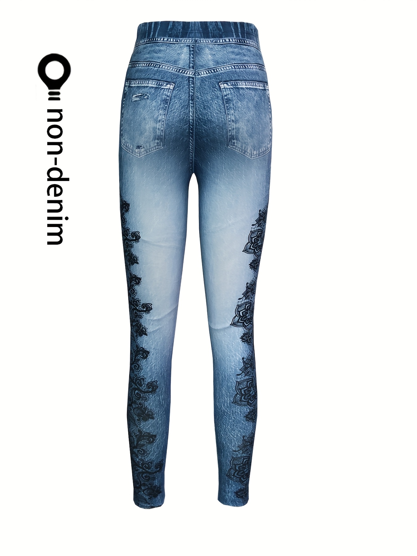 [Denim Print/Imitation Denim] Women's Imitation Denim Full-Body Print Skinny Jeans Pants with Distressed Faux Pocket & Fray Hem - Tight-Fit Winter Leggings for Casual to Dressy Outfits, Machine Washable Denim Jacket/Shorts Style Base