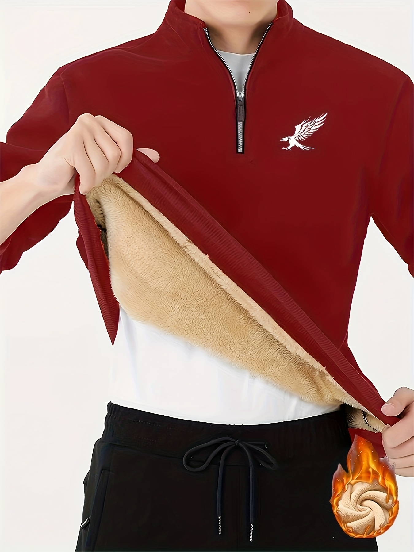 Men'S Cozy Fleece-Lined Winter Sweatshirt with Eagle Print - Warm Stand Collar, 1/4 Zip, Casual Long Sleeve for Fall & Winter, Brown with White Logo, Cozy Clothing | Casual Style | Durable Fabric, Thick