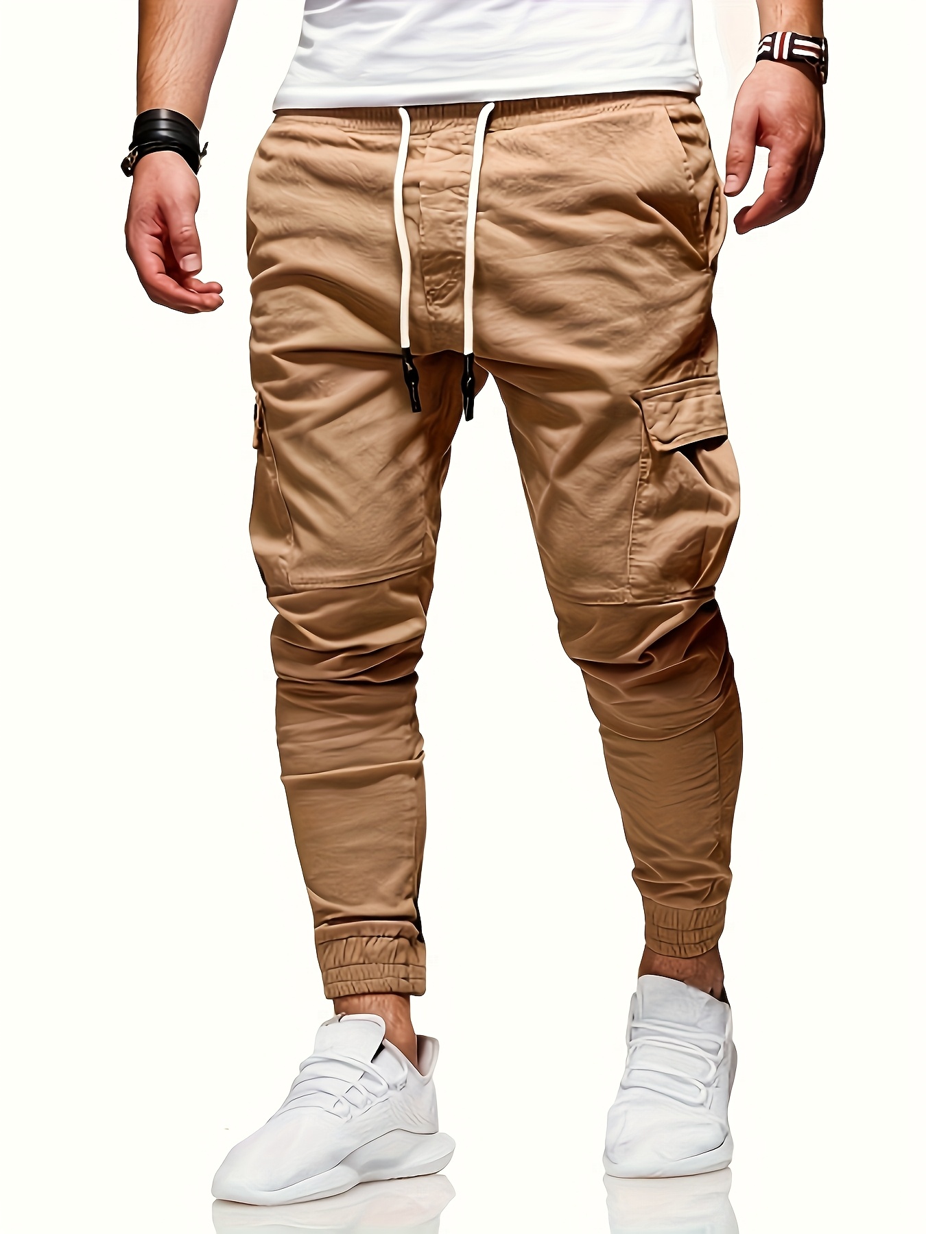 Men's Streetwear Casual Pants, Relaxed Fit Urban Style, Non-Stretch Fabric with Side Pockets, Versatile Clothing for Formal & Casual Attire, Machine Washable All-Season Trousers, Quality Stitching, Beige