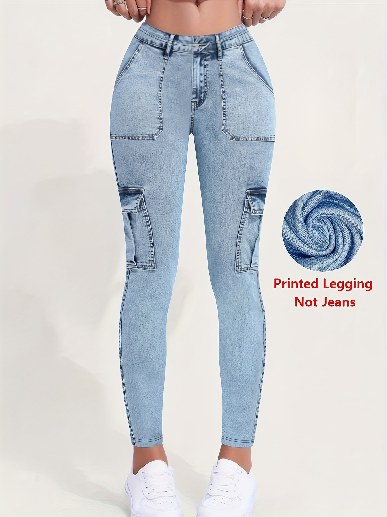 【imitation denim】[Printed Legging - Not Faux Denim Fabric]Printed Legging - Not Faux Denim Fabricwomen'S Long Leggings, Printed with Faux Denim And Featuring Pocket Designs.