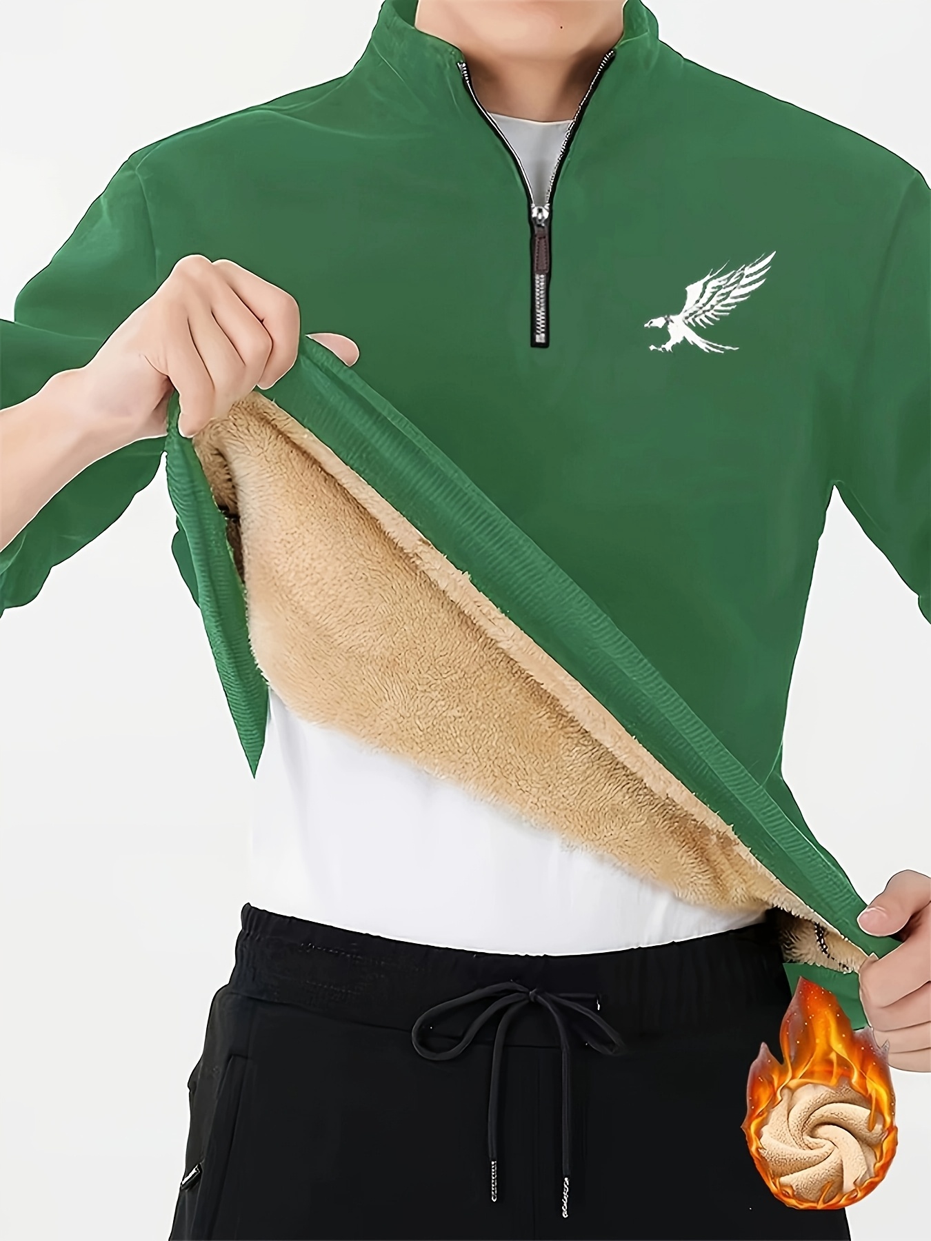 Men'S Cozy Fleece-Lined Winter Sweatshirt with Eagle Print - Warm Stand Collar, 1/4 Zip, Casual Long Sleeve for Fall & Winter, Brown with White Logo, Cozy Clothing | Casual Style | Durable Fabric, Thick