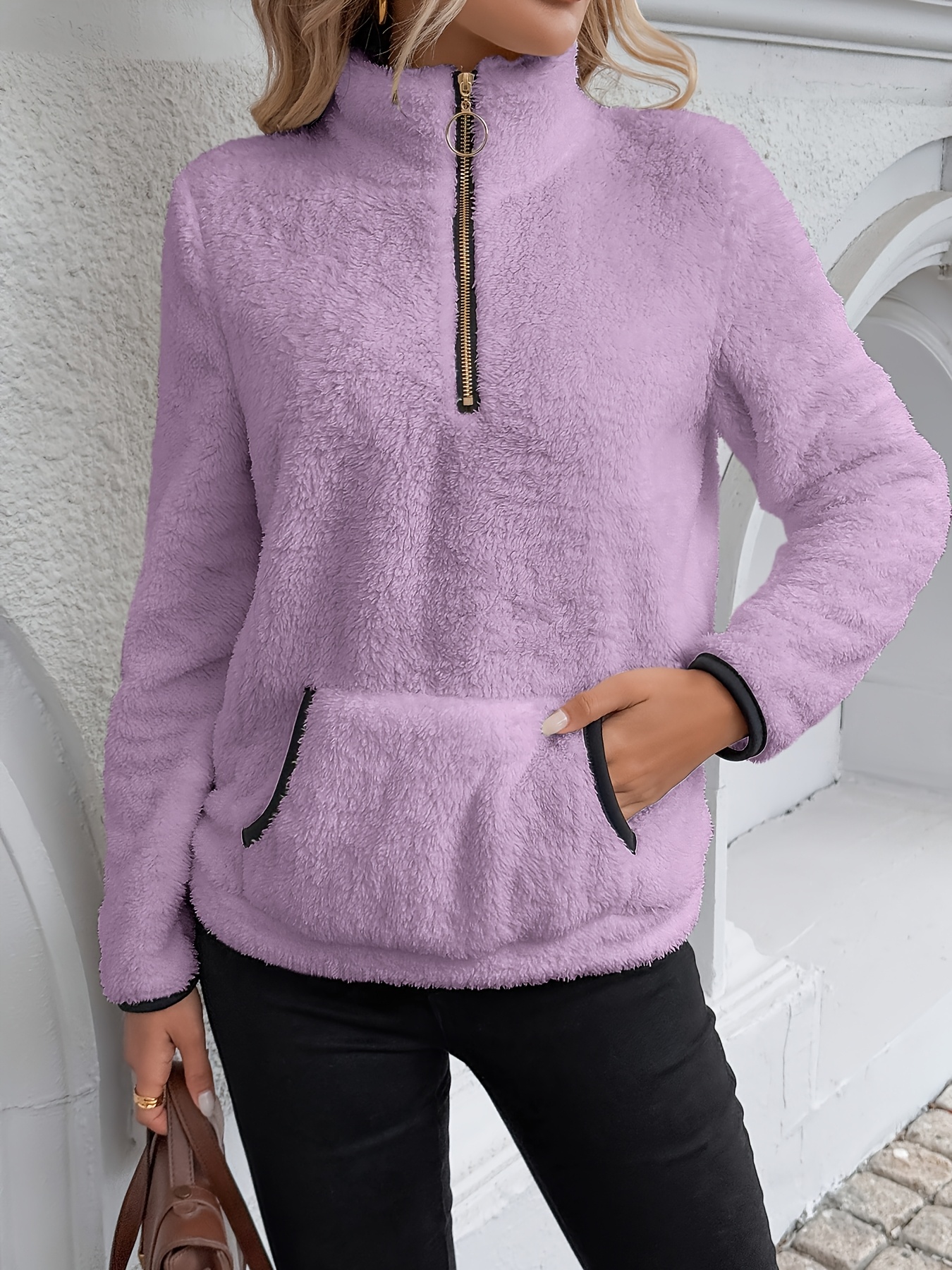 Cozy Fuzzy Womens Zip Front Sweatshirt with Contrast Trim - Stylish Kangaroo Pocket for Fall & Winter Casual Wear