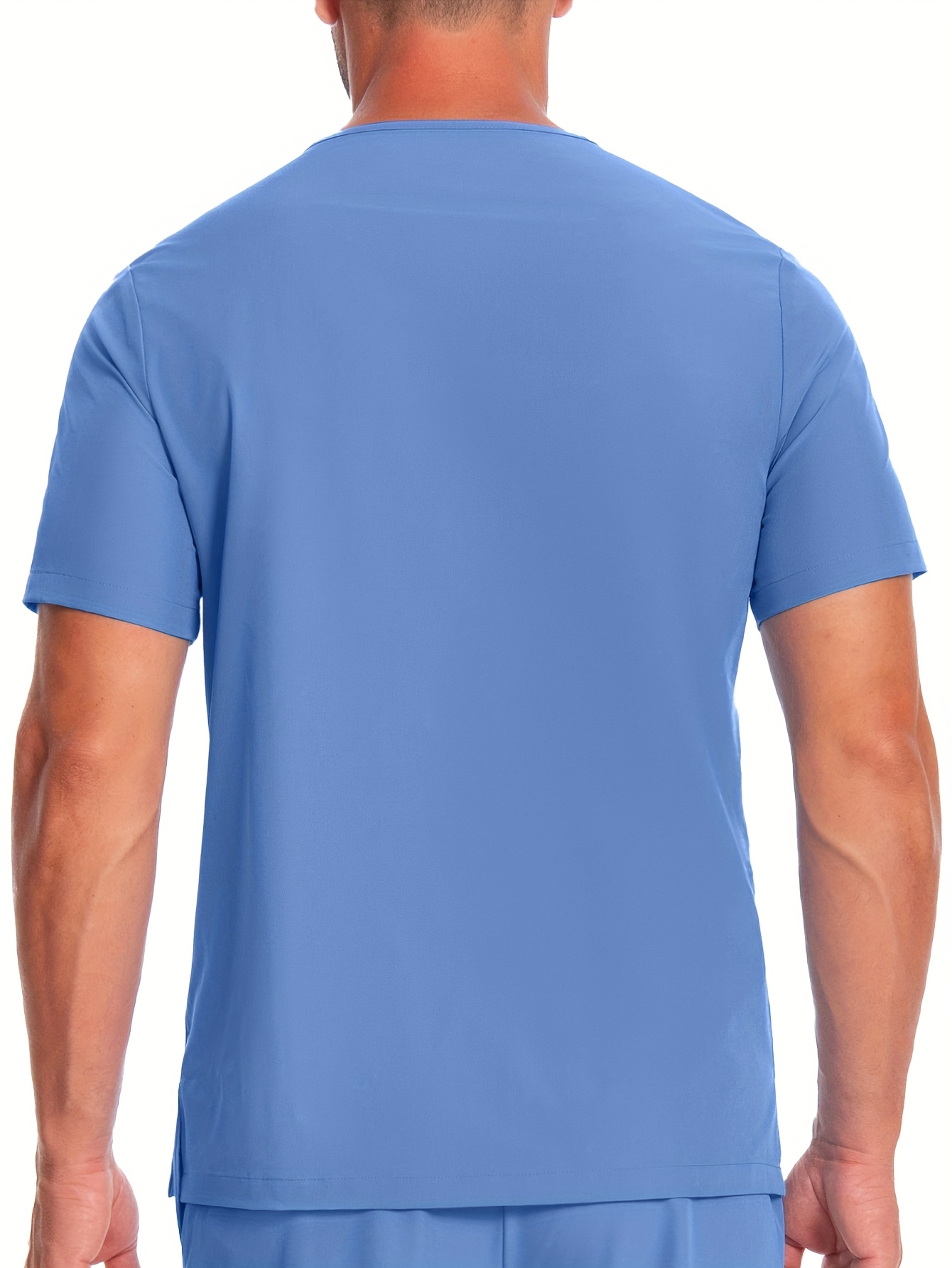 Men's Short Sleeve Work Uniform V-Neck Shirt - Breathable Stretch Polyester, Navy Blue with White Stripes & Medical Patches, Machine Washable, All-Season Comfort for Healthcare, Veterinary Clinics, Grooming Salons