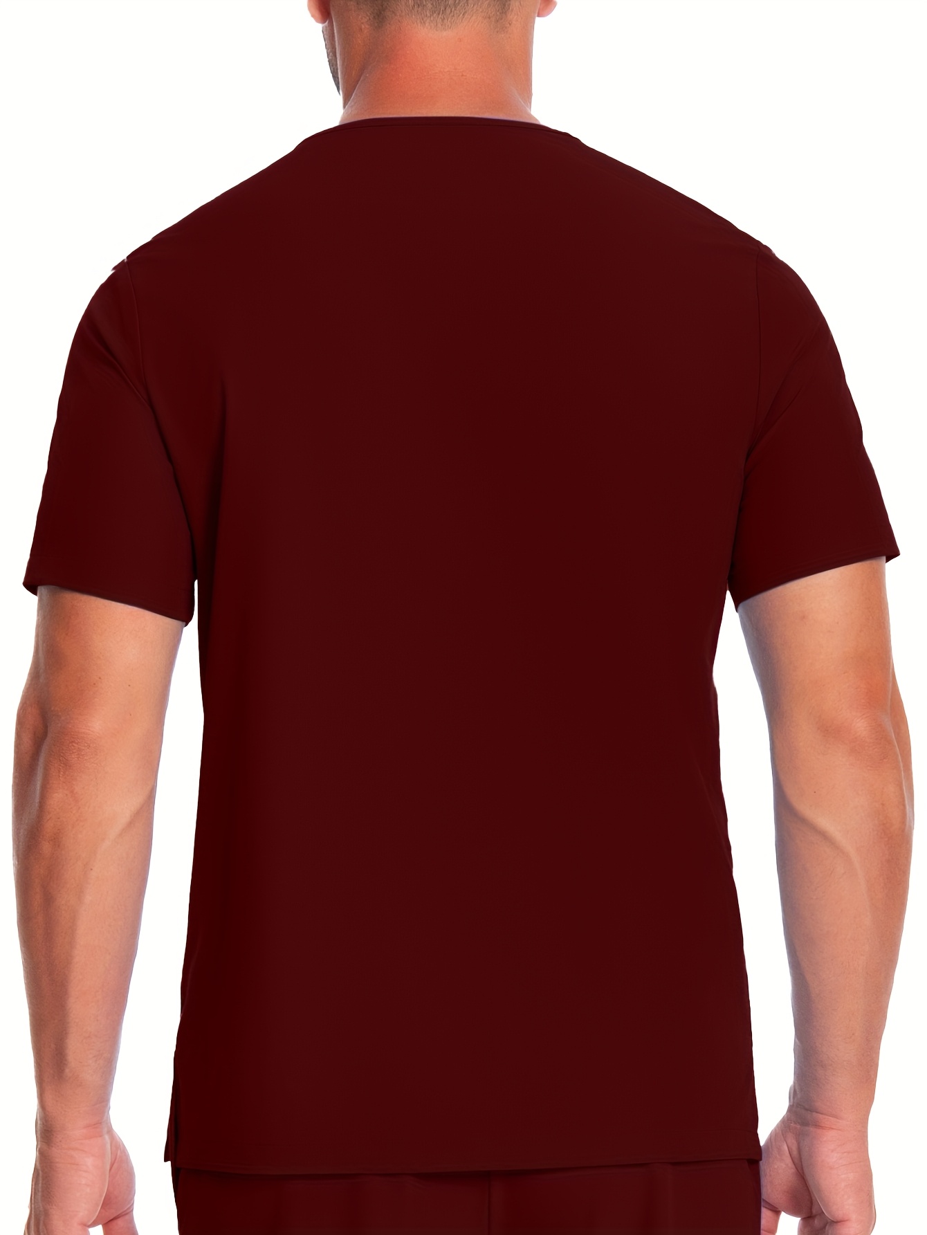 Men's Short Sleeve Work Uniform V-Neck Shirt - Breathable Stretch Polyester, Navy Blue with White Stripes & Medical Patches, Machine Washable, All-Season Comfort for Healthcare, Veterinary Clinics, Grooming Salons