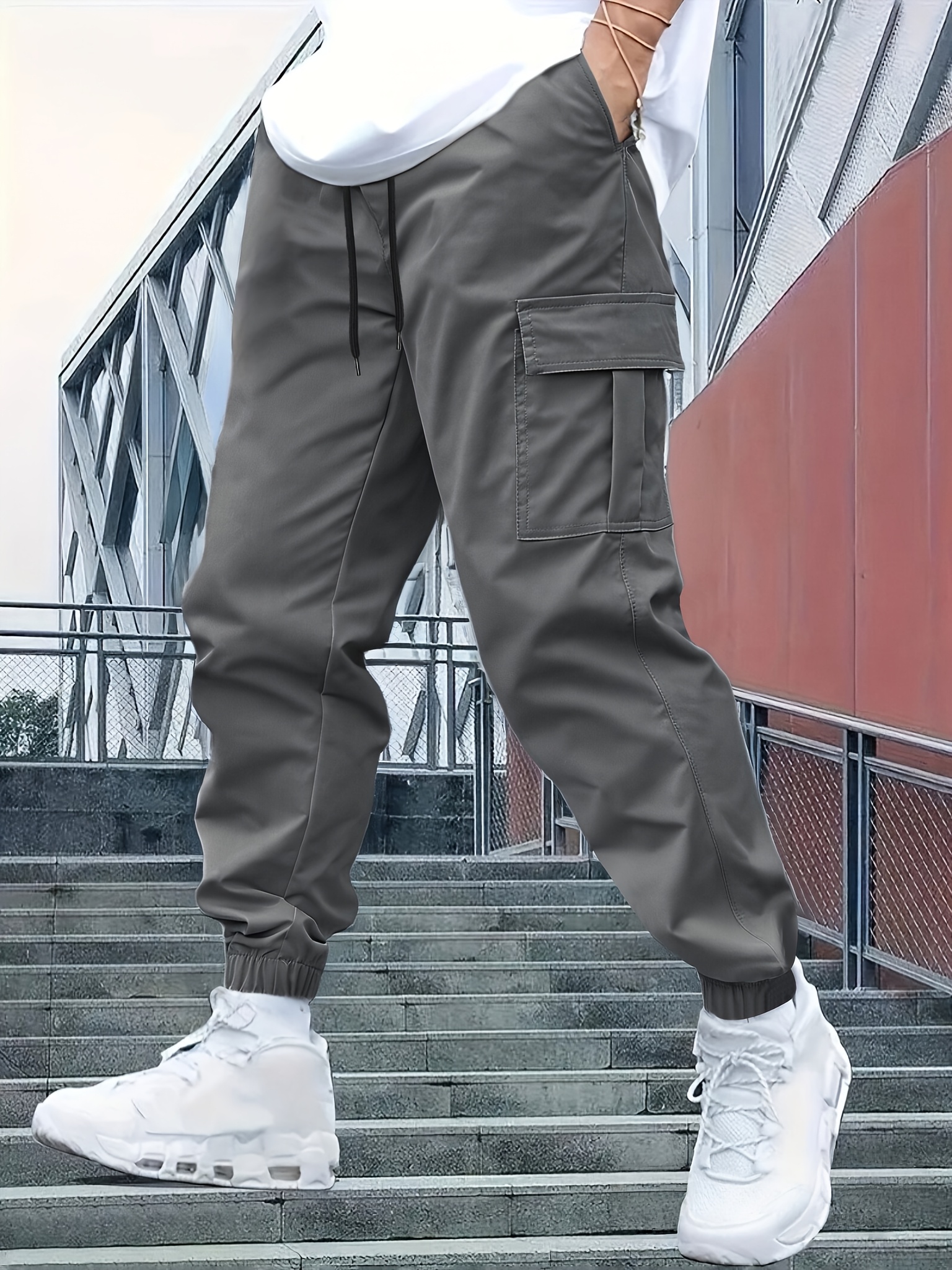 [Men's Casual Cargo Pants] No-Stretch Fabric Men's Casual Cargo Pants with Elastic Drawstring Waist & Multiple Pockets - Regular Fit Mid-Rise for Hiking, Outdoor Activities & Casual Attire - Spring/Fall Solid Color Work Pants