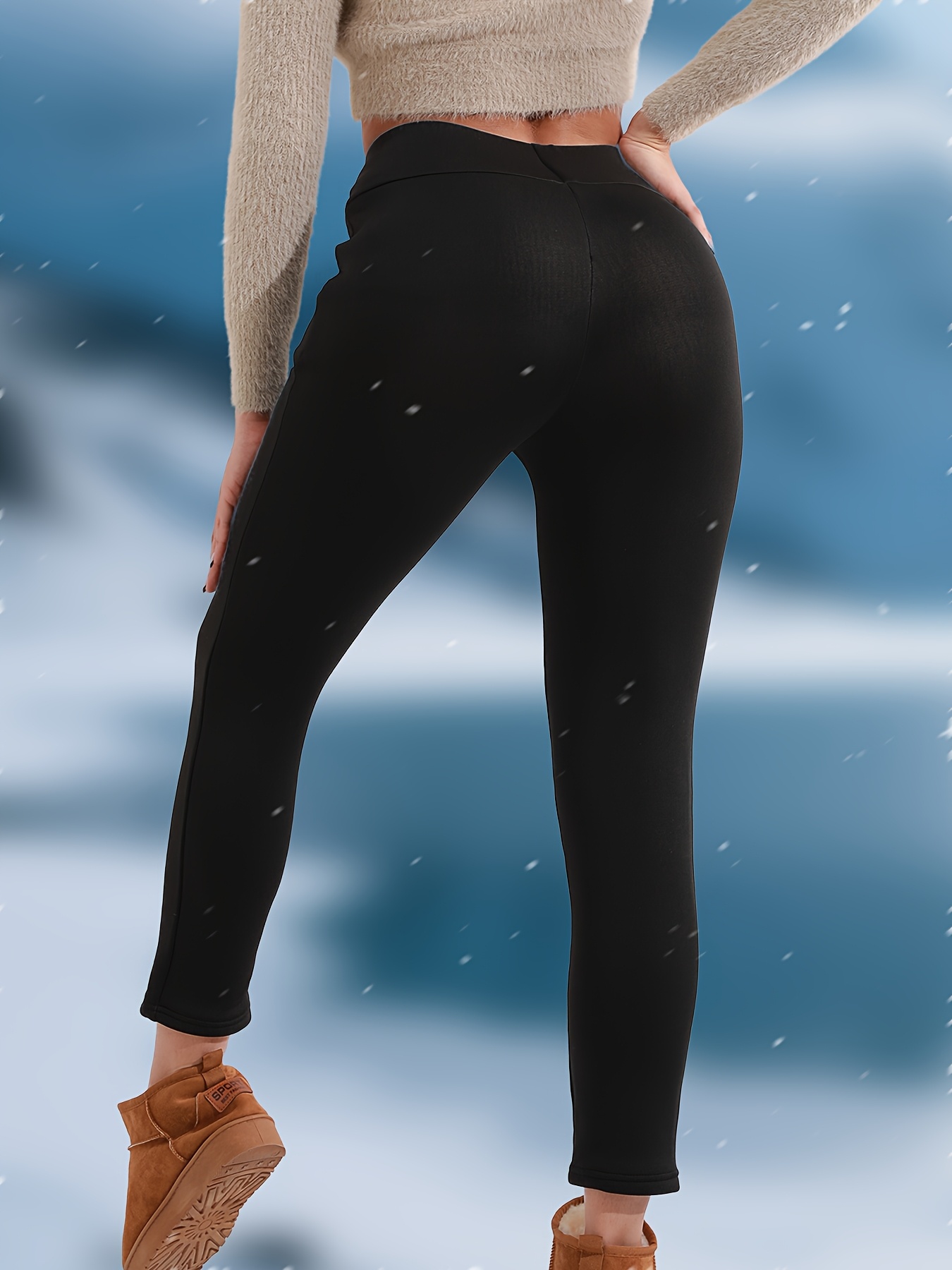 Women'S High-Waisted Thermal Leggings with Pockets - 360g/m² Thickened Winter Pants, Slim Fit, Double Pockets, Velvet Lining, Medium Stretch for Snow Travel & Daily Wear, Solid Color, Winter Leggings, Outdoor Hiking Apparel, Sleek Sporty Design, Comfortable Fit