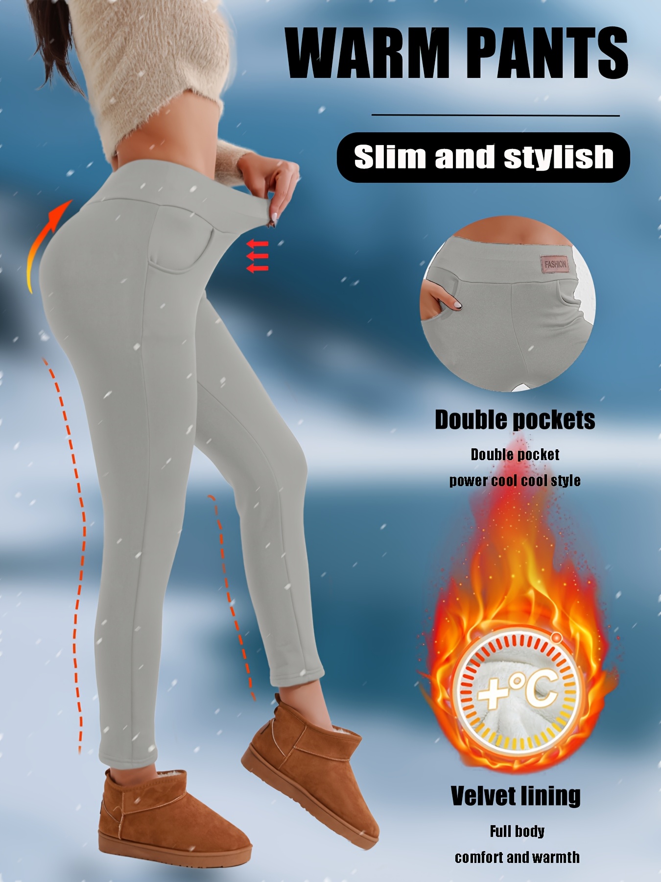Women'S High-Waisted Thermal Leggings with Pockets - 360g/m² Thickened Winter Pants, Slim Fit, Double Pockets, Velvet Lining, Medium Stretch for Snow Travel & Daily Wear, Solid Color, Winter Leggings, Outdoor Hiking Apparel, Sleek Sporty Design, Comfortable Fit - Image 3
