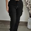 Women's Black Cargo Pants with Elastic Drawstring Waist & Multiple Pockets - Regular Fit Long Length Casual Workwear-Style Trousers for All-Season Casual Attire