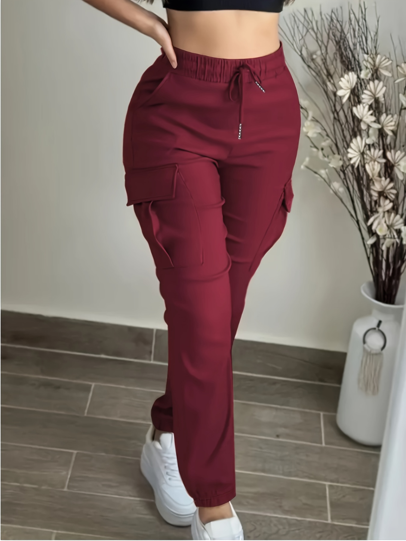 Women's Black Cargo Pants with Elastic Drawstring Waist & Multiple Pockets - Regular Fit Long Length Casual Workwear-Style Trousers for All-Season Casual Attire - Image 10