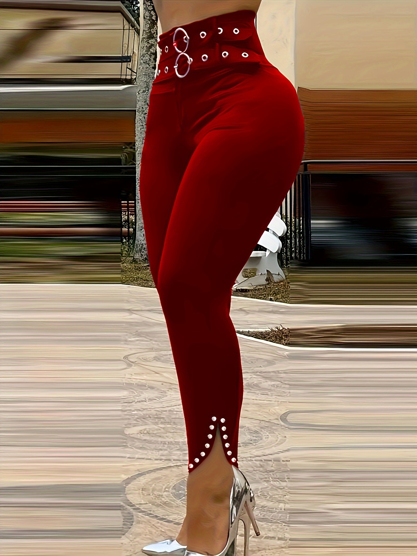 Chic Green High-Waist Skinny Pants with Elegant Button & Grommet Detail - Versatile, Stretchy Polyester, Machine Washable - Perfect for All Seasons - Image 3