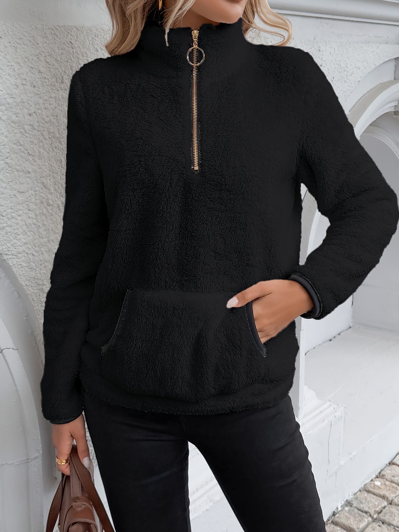 Autumn/Winter Women's Fashion Casual Half-Zip Long Plush Warm Sweatshirt