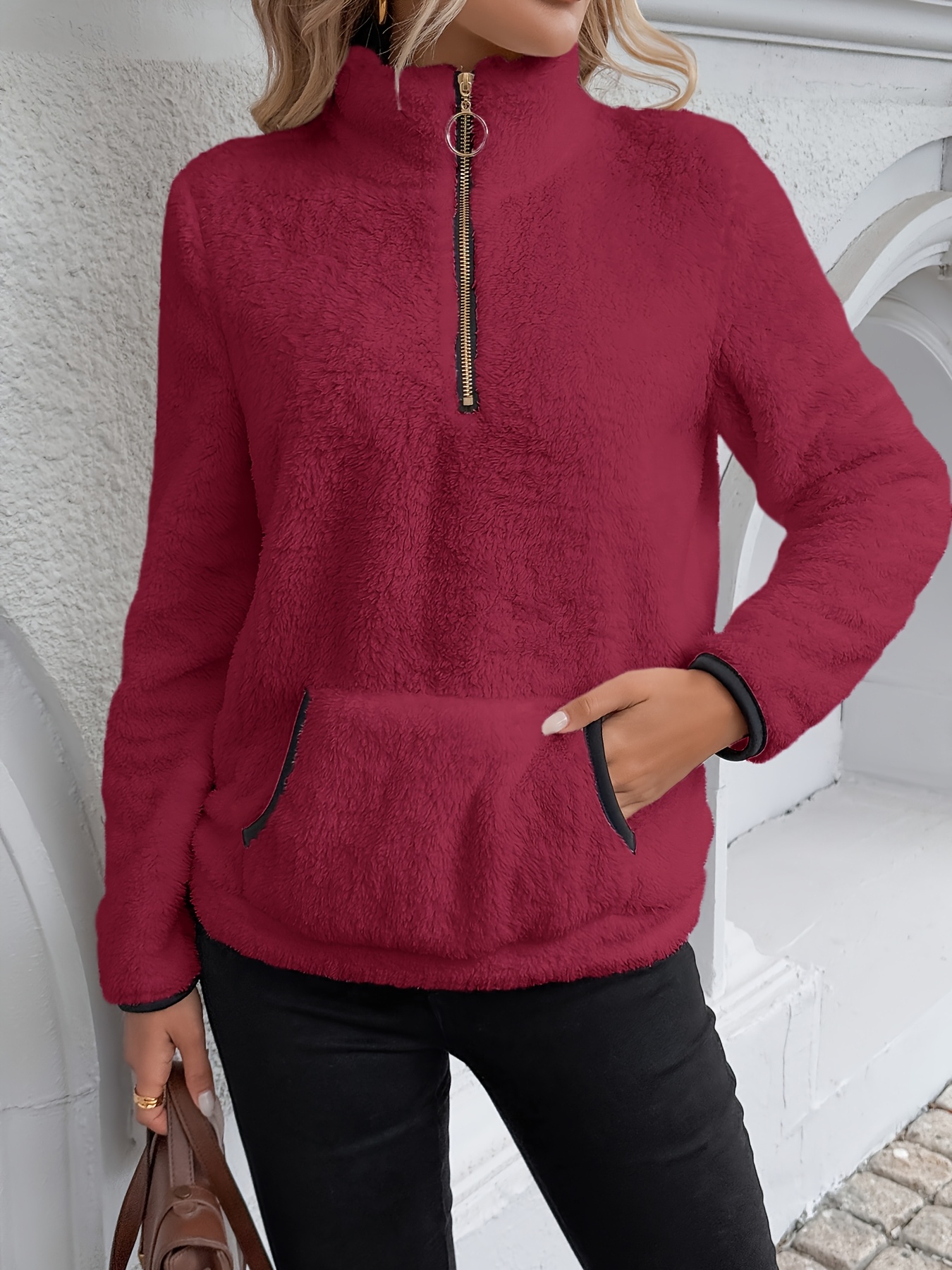 Cozy Fuzzy Womens Zip Front Sweatshirt with Contrast Trim - Stylish Kangaroo Pocket for Fall & Winter Casual Wear