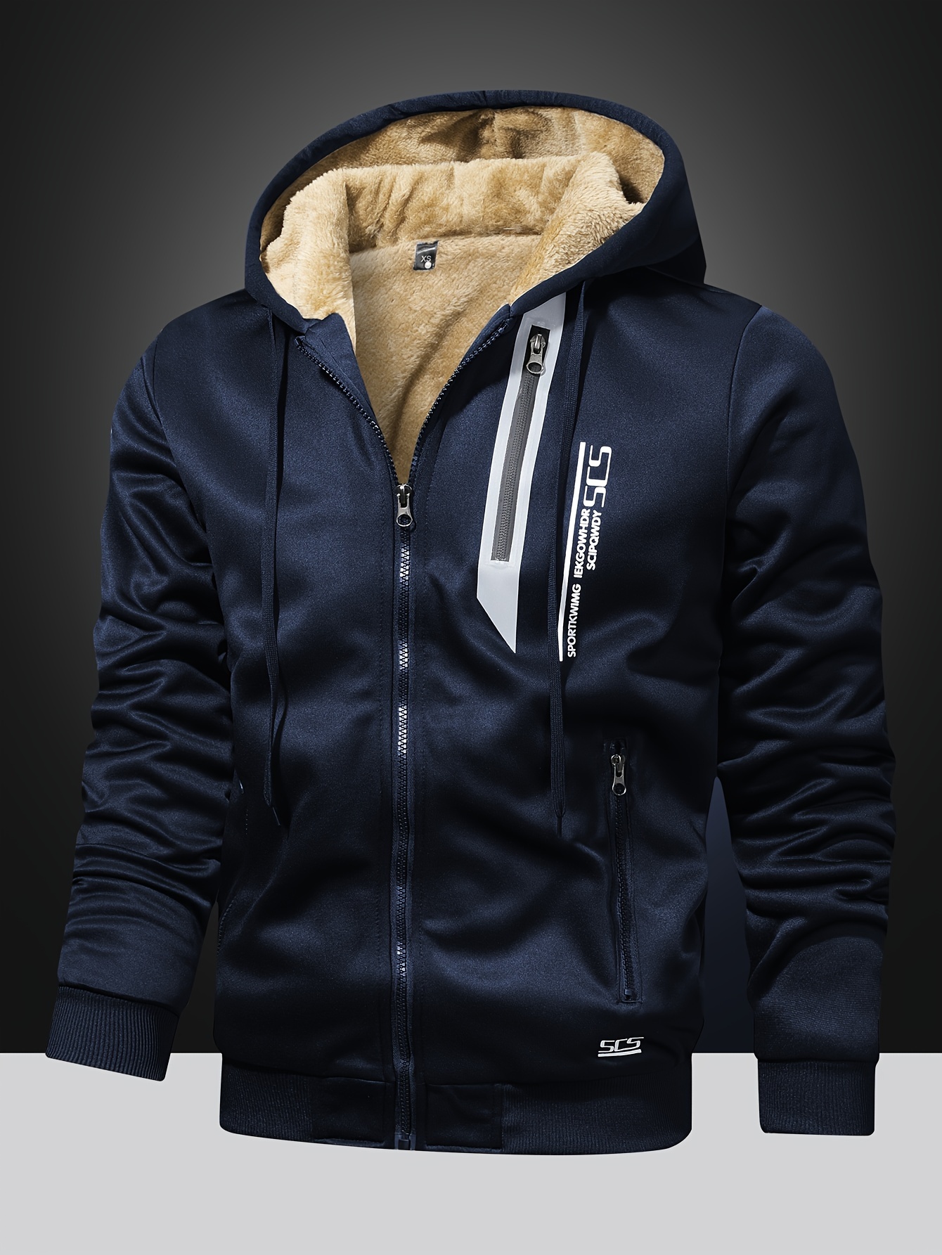[Winter Fleece Hooded Jacket] Warm Thickened Polyester Men's Winter Fleece-Lined Hooded Jacket - Zipper Closure and Side Pockets for Casual and Athletic Use