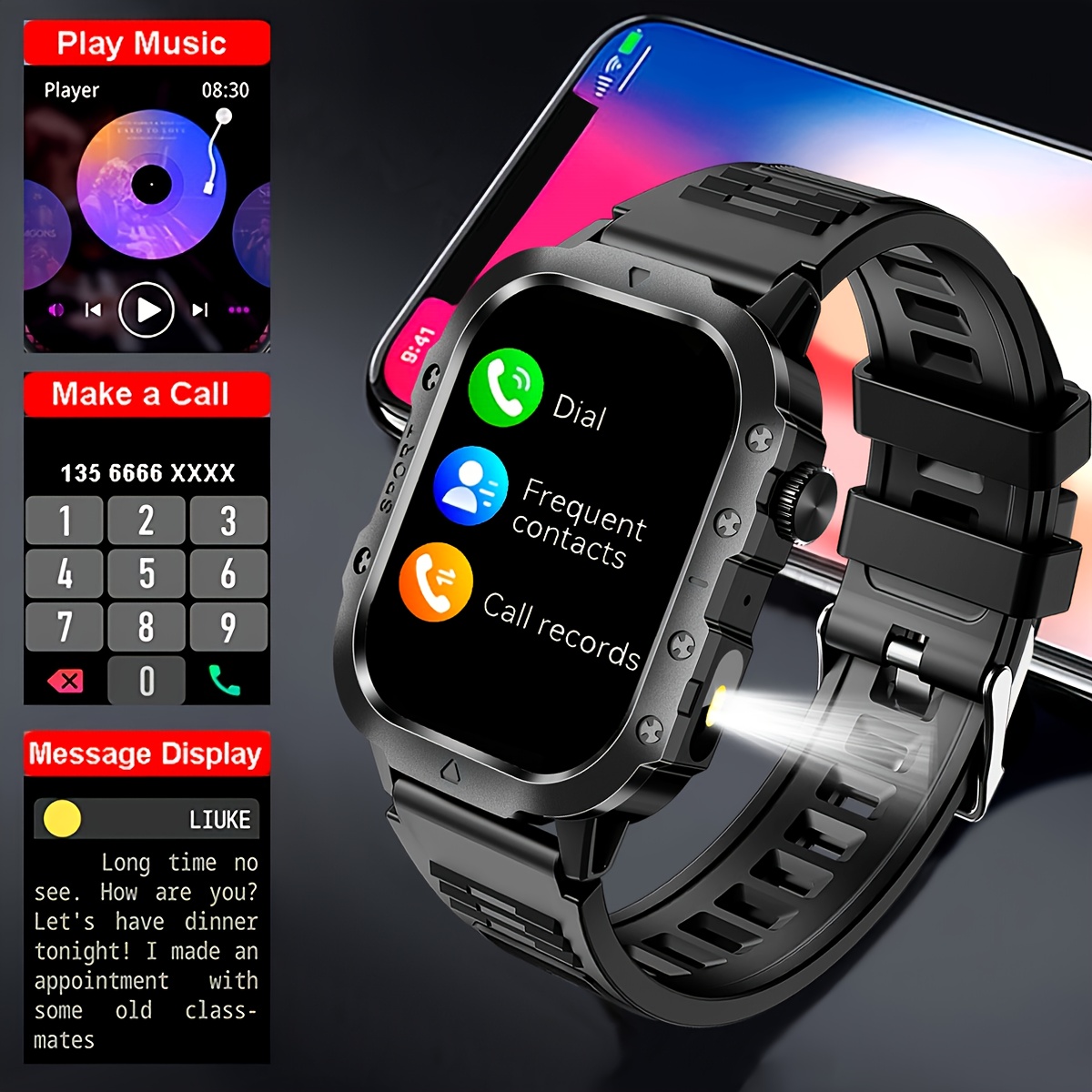 New Smart Watch 5.11 cm Large Screen LED Flashlight Outdoor Sports Watch Altimeter Barometer 100+Sports Mode Multimedia Information Viewing Weather Pedometer Fitness Tracker Compatible with Android for iphone Perfect Holiday Gift, Outdoor Activity Watch, Multimedia Viewing Watch, Modern Wearable Tech, Stylish Fitness Tracker, Durable Smartwatch, Longlasting Battery, Multifunctional Watch, LED Light Watch, Fitness Enthusiasts, Techsavvy Users, Altimeter Watch, Outdoor Gear Watch