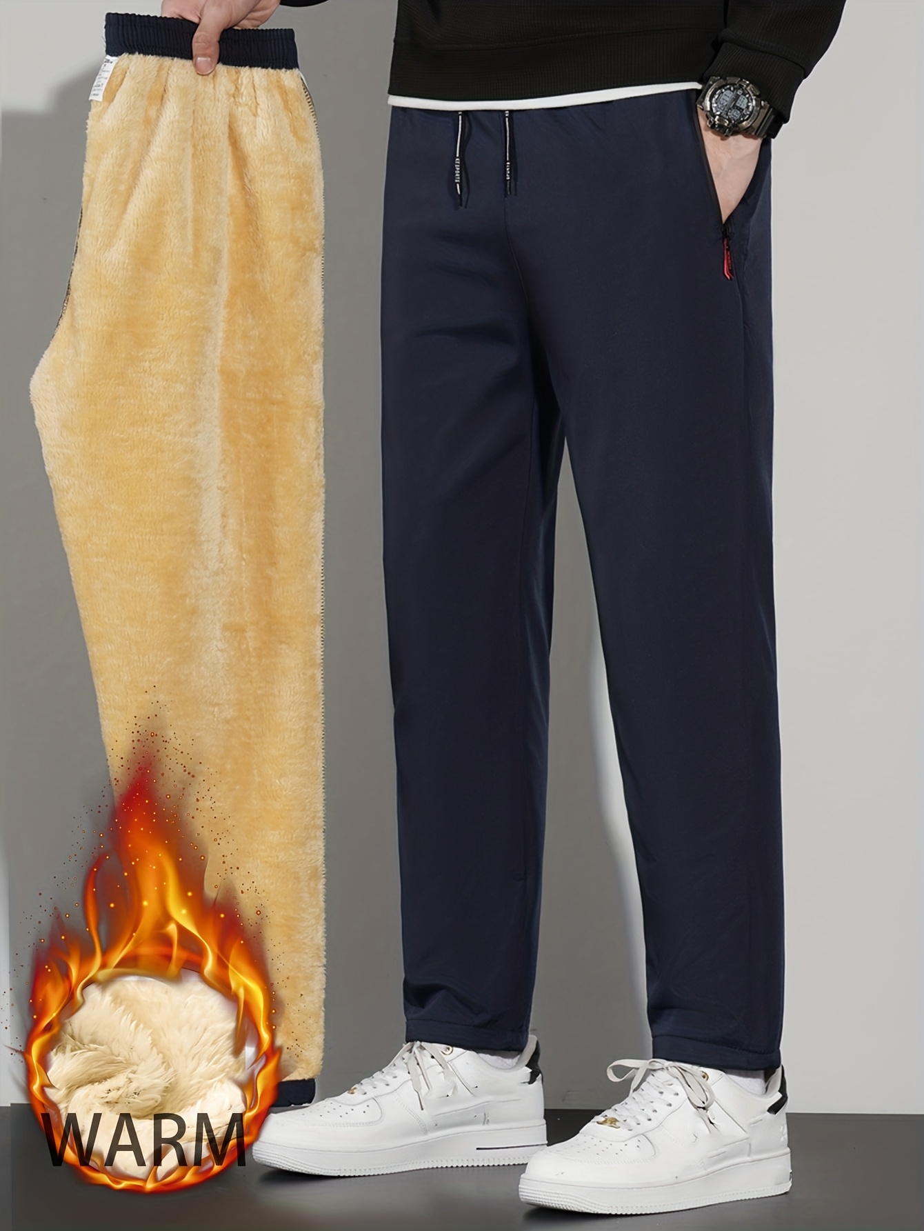 2pcs Men'S Warm Fleece-Lined Thermal Pants with Zipper Pockets - Thickened Winter Warmth, Straight-Leg Casual Sports Pants for Hiking, Outdoor Training & Daily Wear, Hiking Apparel | Straightleg Pants | Durable Fabric