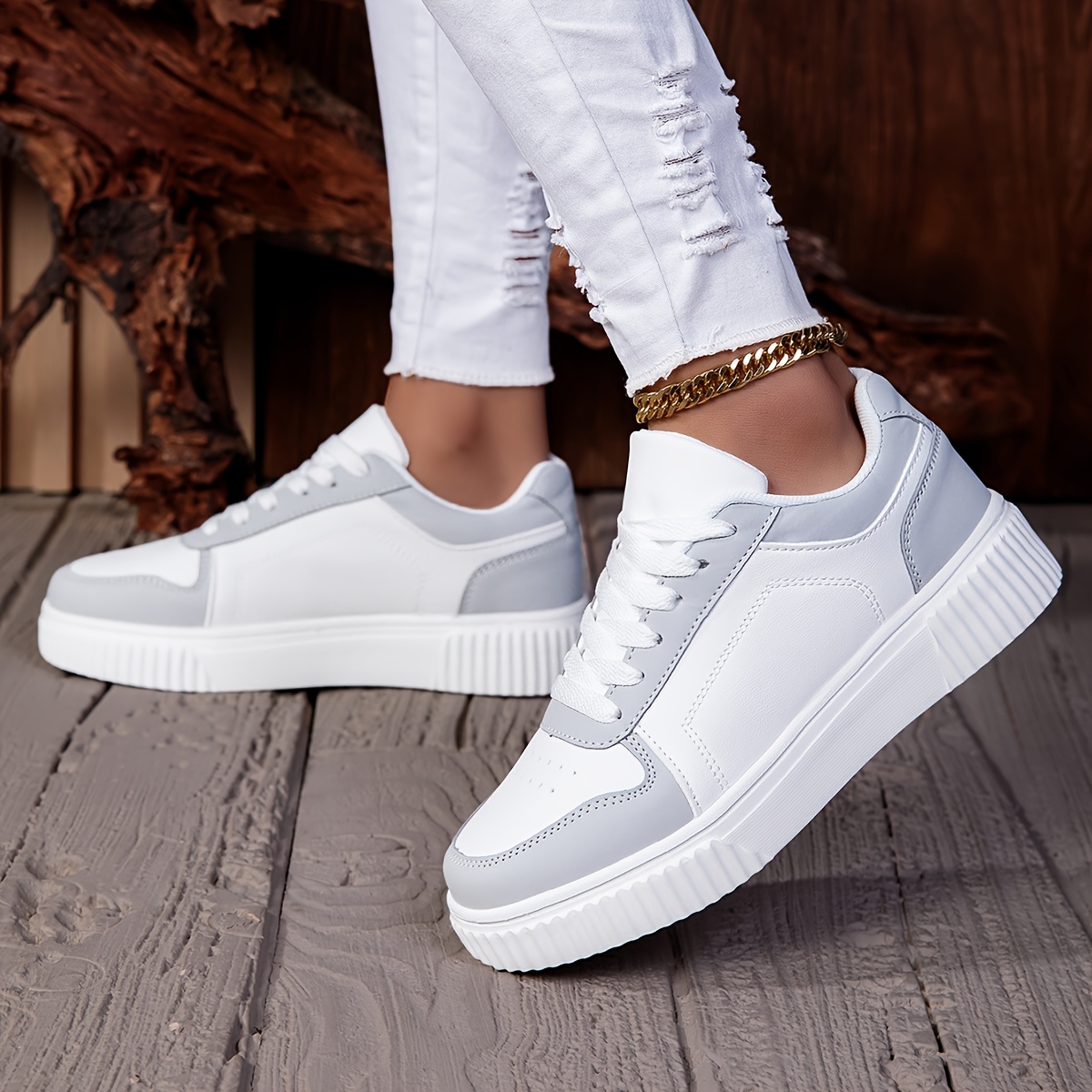 Women'S Casual Low-Top Lace-Up Sneakers - Breathable Lining, Lightweight PU & EVA Sole, White Geometric Design, All-Season Comfort for Outdoor Walking, Travel & Daily Wear, Durable & Stylish, Perfect for Live Streaming or Retail, Versatile Lifestyle Shoes | Minimalist Design | Comfortable Fit Shoes