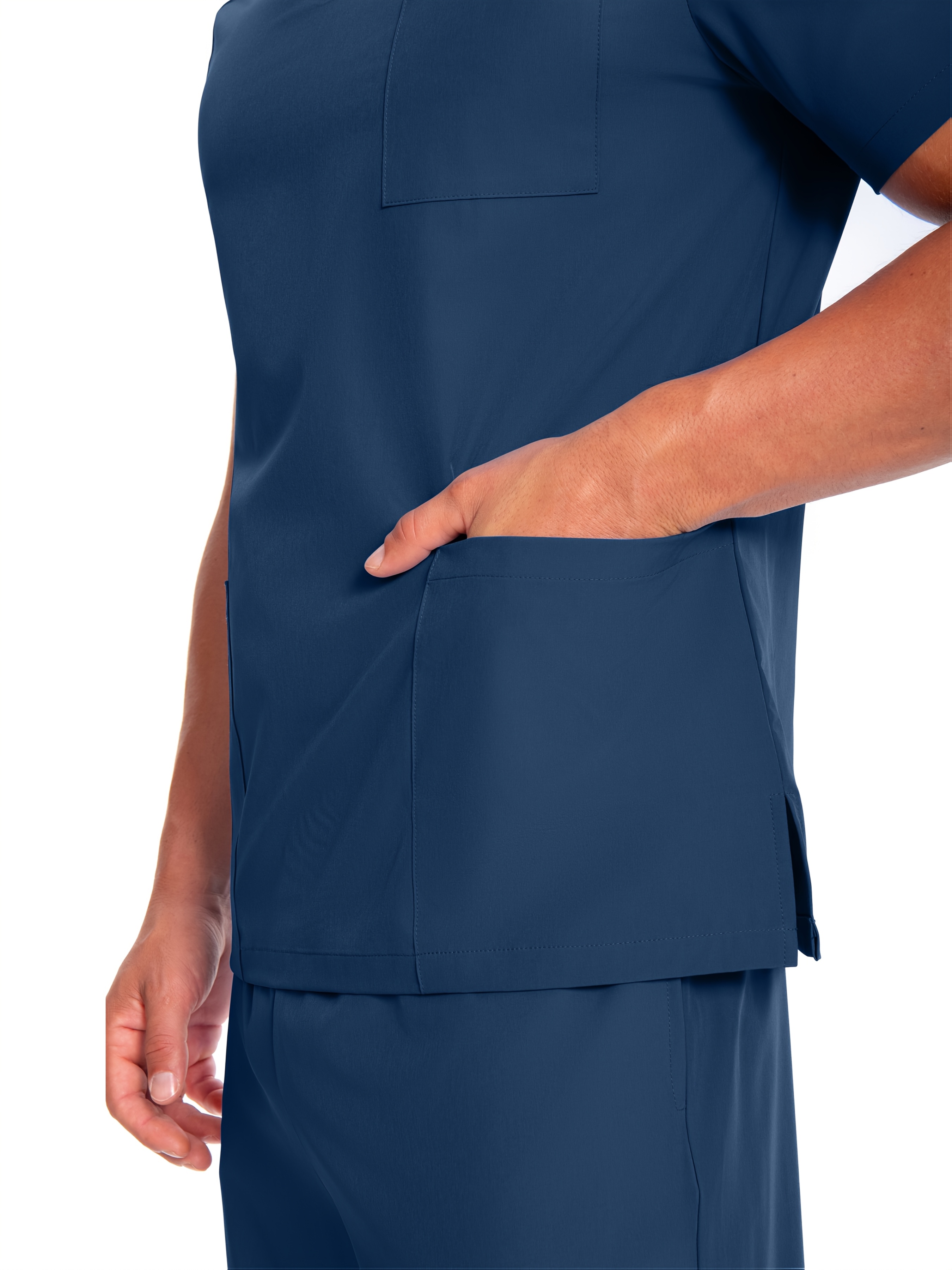 Men's Short Sleeve Work Uniform V-Neck Shirt - Breathable Stretch Polyester, Navy Blue with White Stripes & Medical Patches, Machine Washable, All-Season Comfort for Healthcare, Veterinary Clinics, Grooming Salons