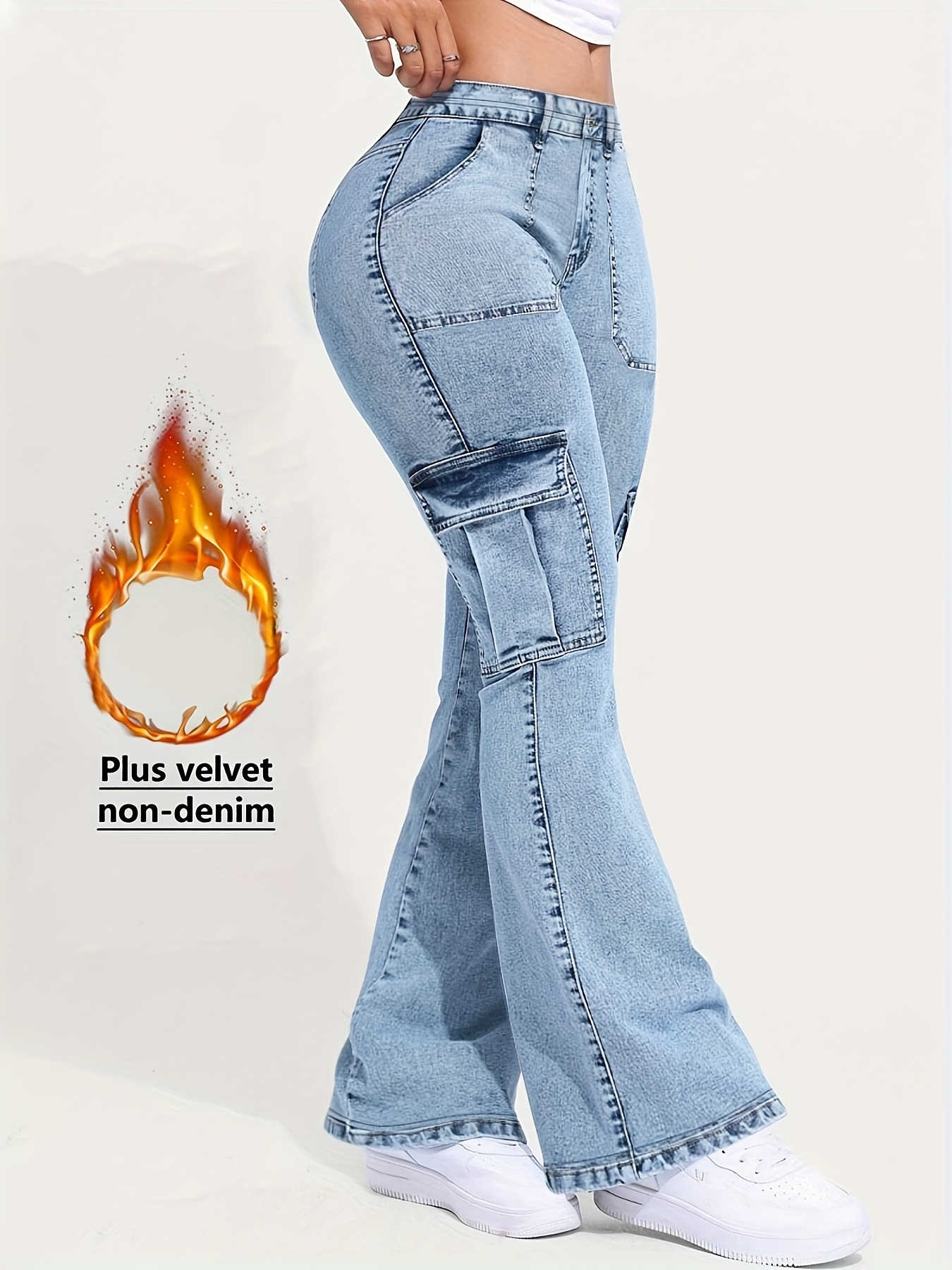 [Denim Print/Imitation Denim] Women's High-Waisted Skinny Jeans-Like Bell-Bottom Leggings - Imitation Denim Print Tummy Control Pants with Stretch, Winter Warmth & Fringe-Free Hem (Machine Washable) for Jeans/Skirts Layering - Cold Weather Trousers