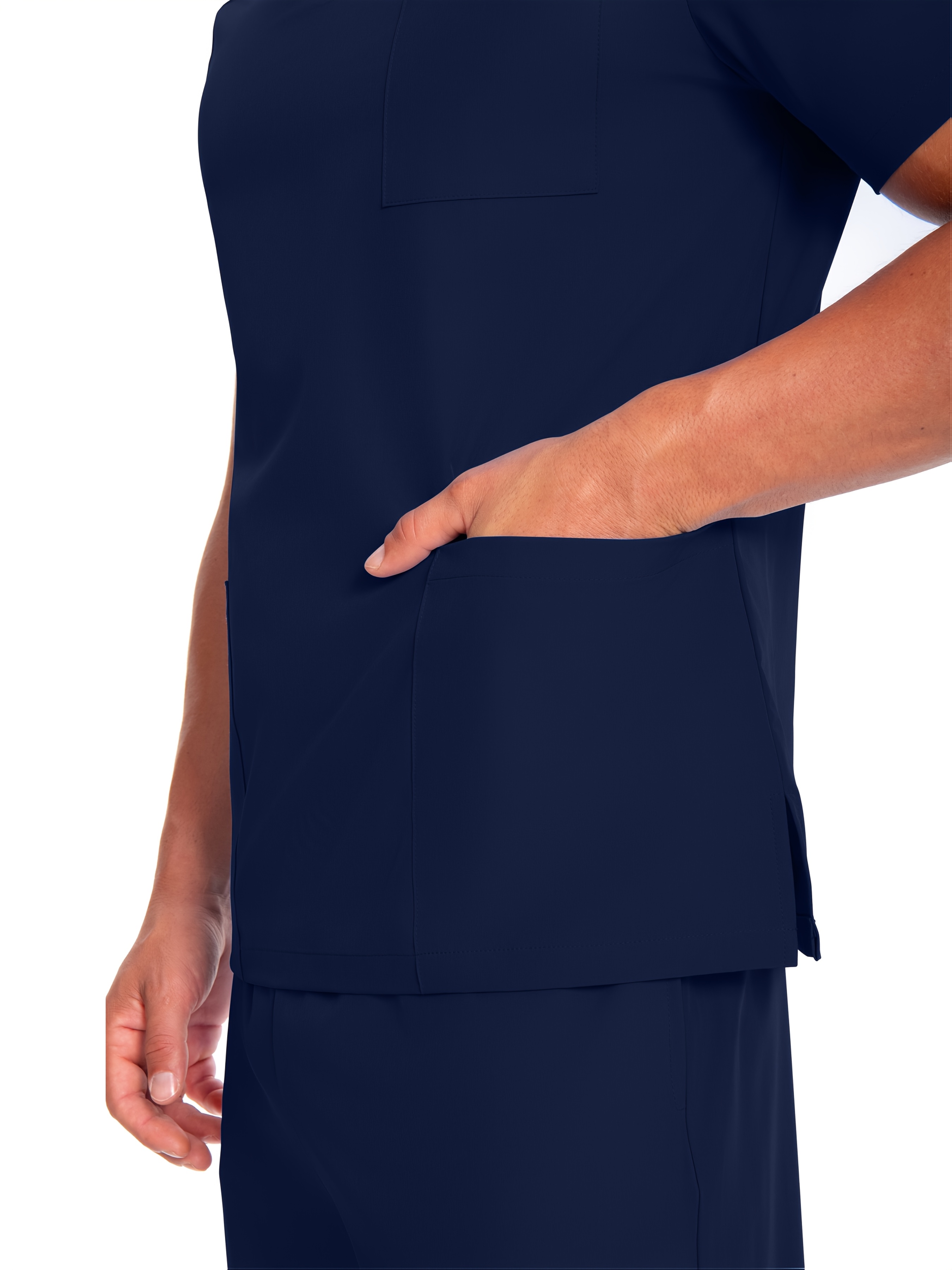 Men's Short Sleeve Work Uniform V-Neck Shirt - Breathable Stretch Polyester, Navy Blue with White Stripes & Medical Patches, Machine Washable, All-Season Comfort for Healthcare, Veterinary Clinics, Grooming Salons