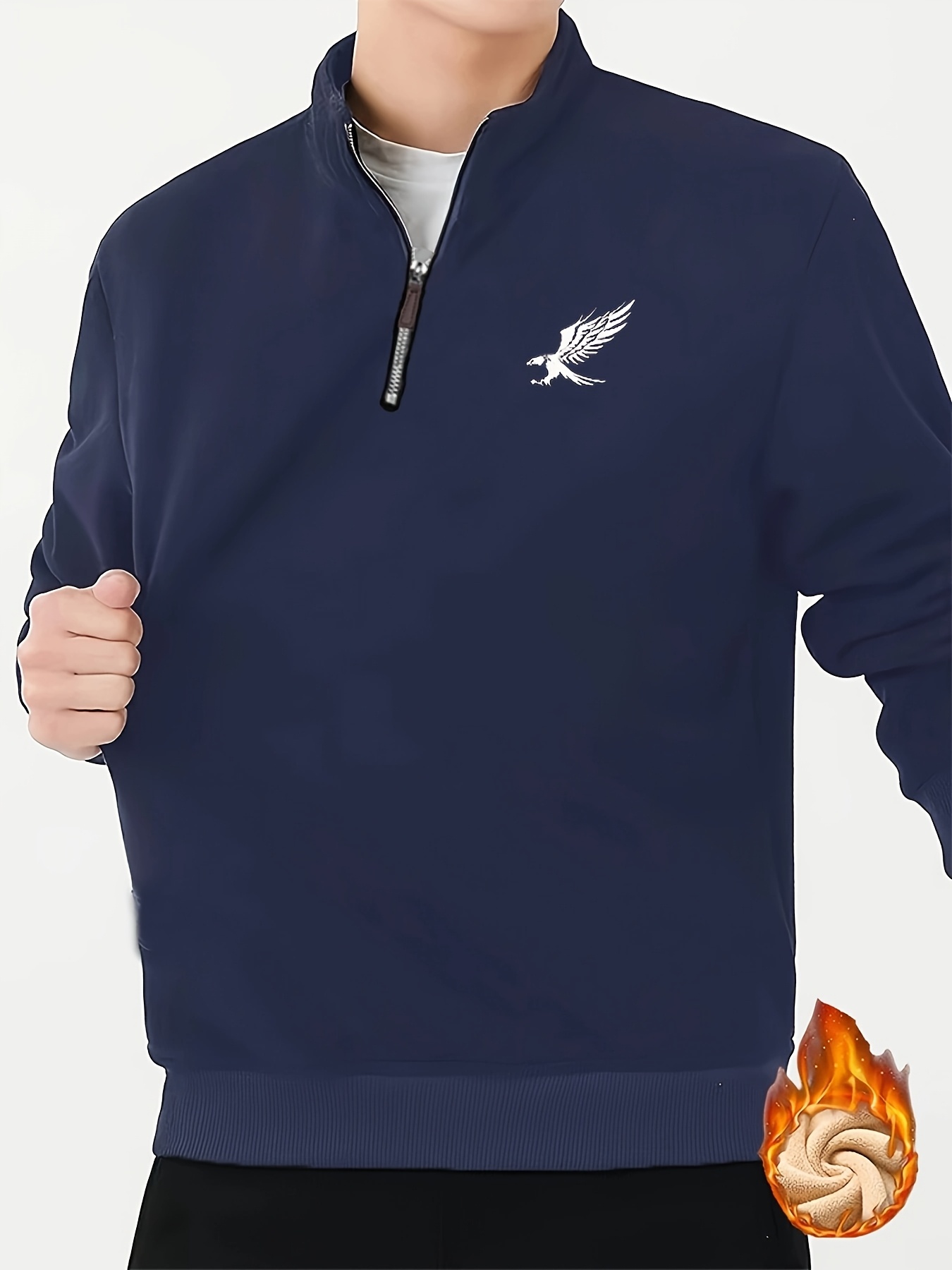 Men'S Cozy Fleece-Lined Winter Sweatshirt with Eagle Print - Warm Stand Collar, 1/4 Zip, Casual Long Sleeve for Fall & Winter, Brown with White Logo, Cozy Clothing | Casual Style | Durable Fabric, Thick