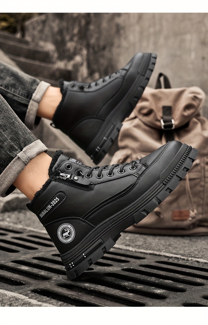 MAINALUN Men's Heavy-Duty Fleece-Lined Winter Boots - Thick PVC Outsole, Lace-Up Round Toe, PU Upper (Brown/Black) - Retro Ice & Snow Boots for Ice Skating-like Traction, Warm Casual Footwear for Fall & Winter (No Calf-Slip) -