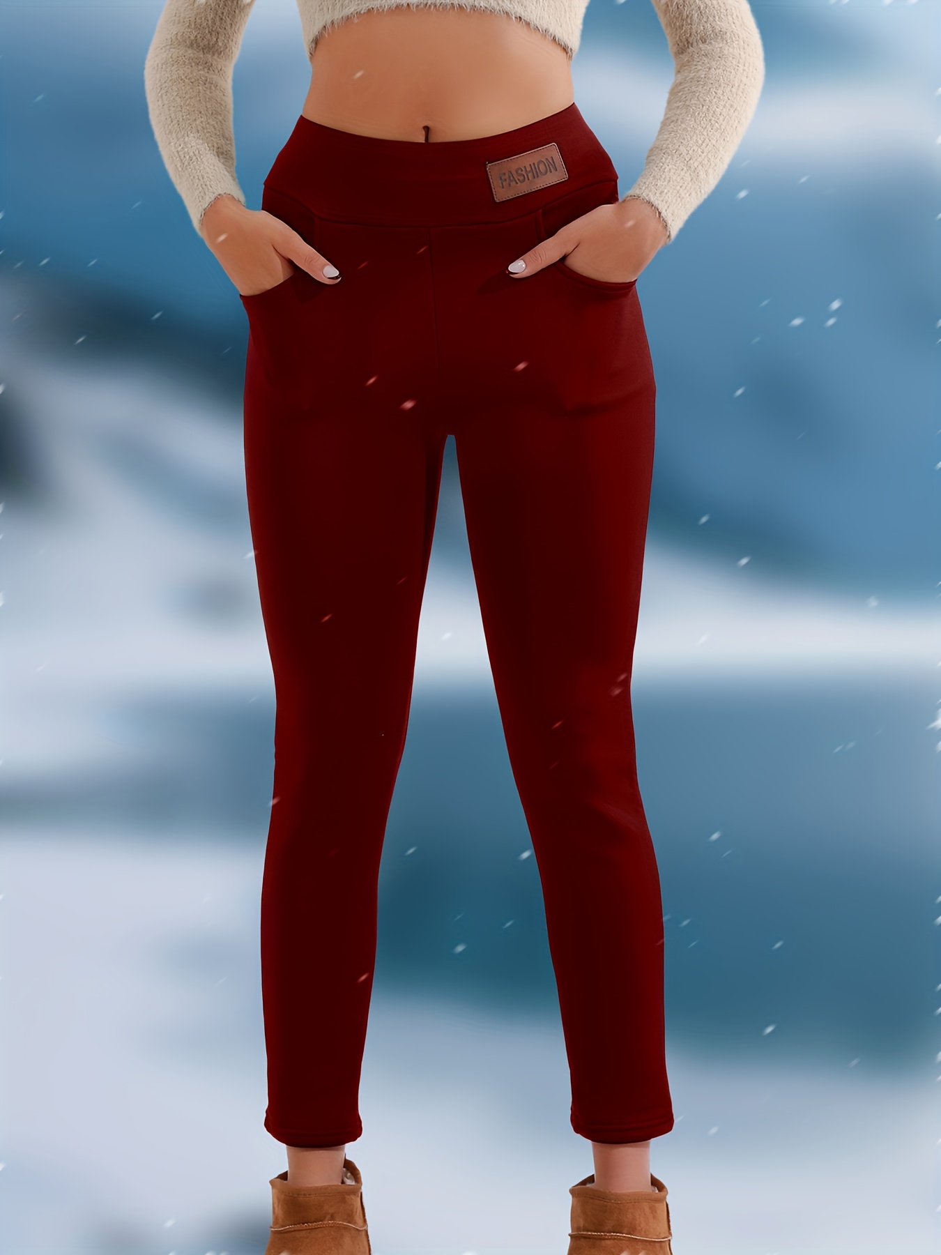 Women'S High-Waisted Thermal Leggings with Pockets - 360g/m² Thickened Winter Pants, Slim Fit, Double Pockets, Velvet Lining, Medium Stretch for Snow Travel & Daily Wear, Solid Color, Winter Leggings, Outdoor Hiking Apparel, Sleek Sporty Design, Comfortable Fit - Image 10