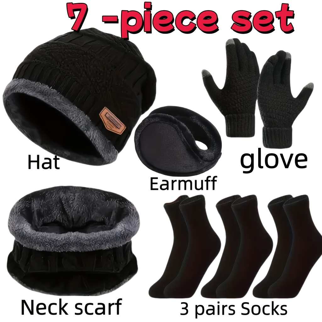 5/7pcs Winter Warm Set - Beanie, Thermal Gloves, Fleece-Lined Ear Muffs, Snow Socks - Ultimate Cold Weather Protection for Outdoor Adventures, Polyester Knit, Hand Washable, Solid Color, Medium Stretch, Eaveless Brim, PP Plastic, Ideal for Valentine'S Day & Spring Festival