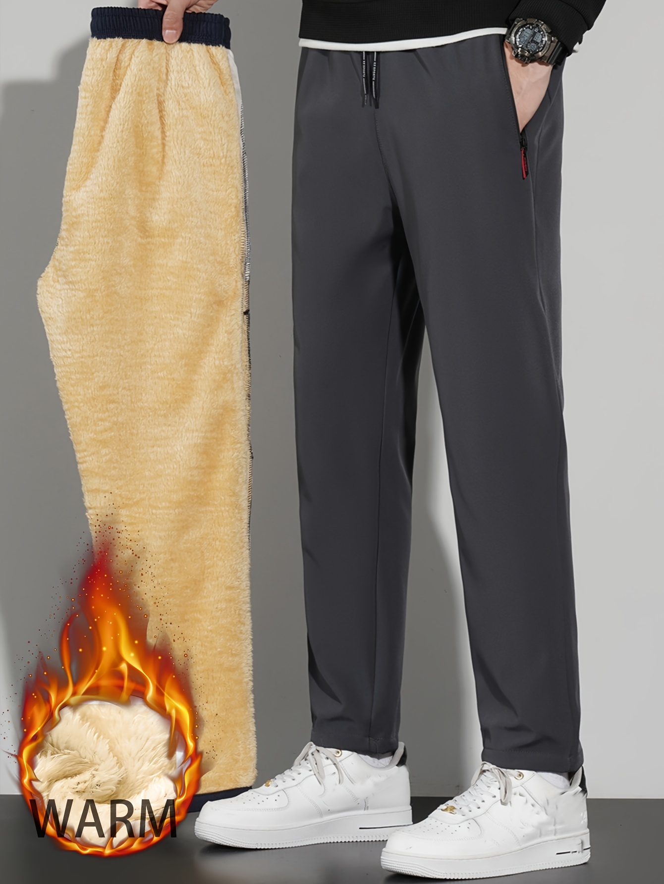 2pcs Men'S Warm Fleece-Lined Thermal Pants with Zipper Pockets - Thickened Winter Warmth, Straight-Leg Casual Sports Pants for Hiking, Outdoor Training & Daily Wear, Hiking Apparel | Straightleg Pants | Durable Fabric - Image 8