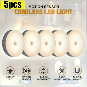 5pcs Smart Motion Sensor LED Night Light, Magnetic Bedside Lamp, Round Staircase Wall Lamp, Charging Desk Lamp for Students' Dormitory Bookshelf, Suitable For Stairs Bedroom Dormitory And Wardrobe, Perfect Creative Gift, Halloween Christmas Holiday