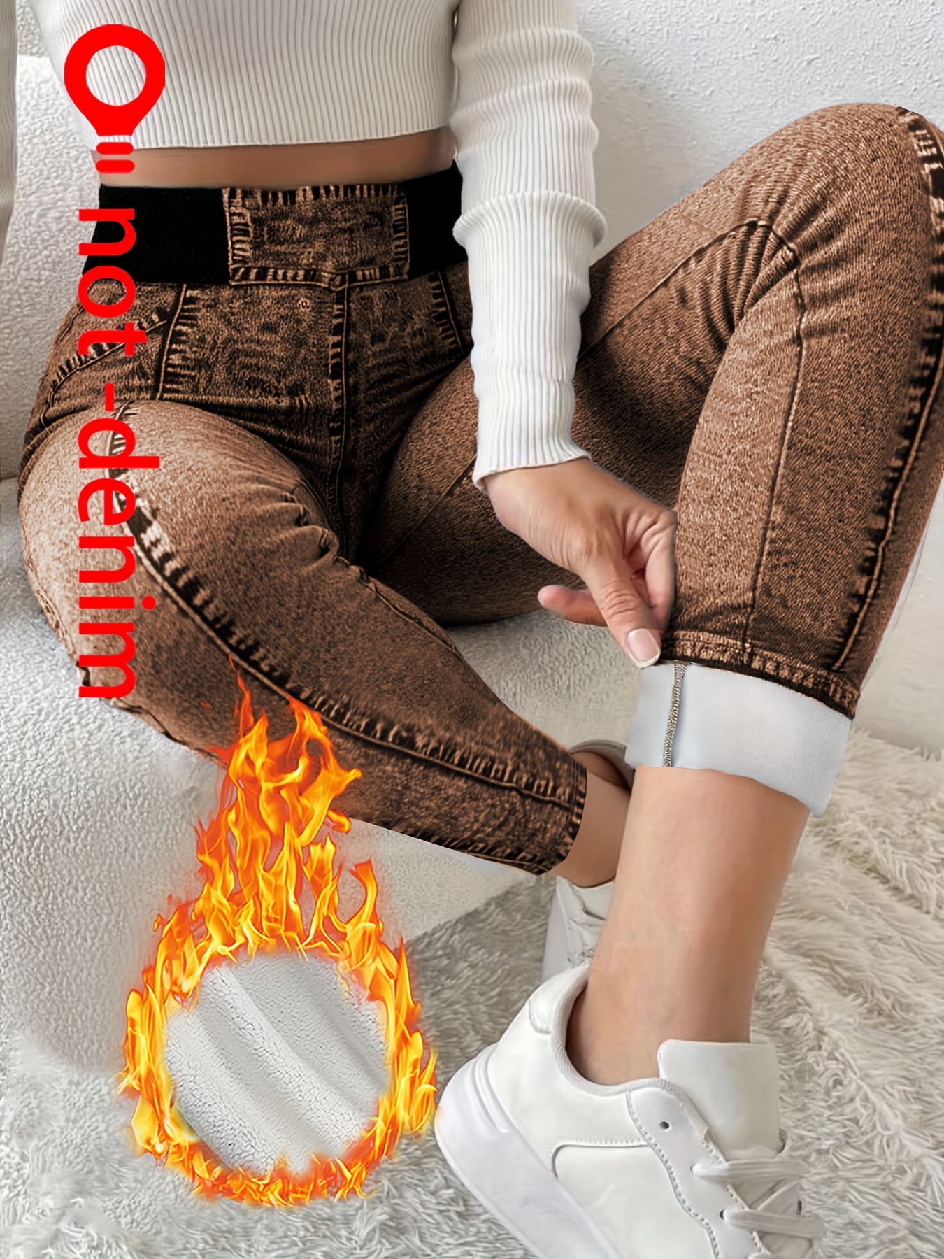 【imitation denim】These Printed Fleece-Lined Leggings Have a Stylish And Casual Design, Perfect for Women'S Fashion. They Are Suitable for Daily Commuting And Versatile Enough for Everyday Wear, Featuring a Faux Denim-Like Print All Over