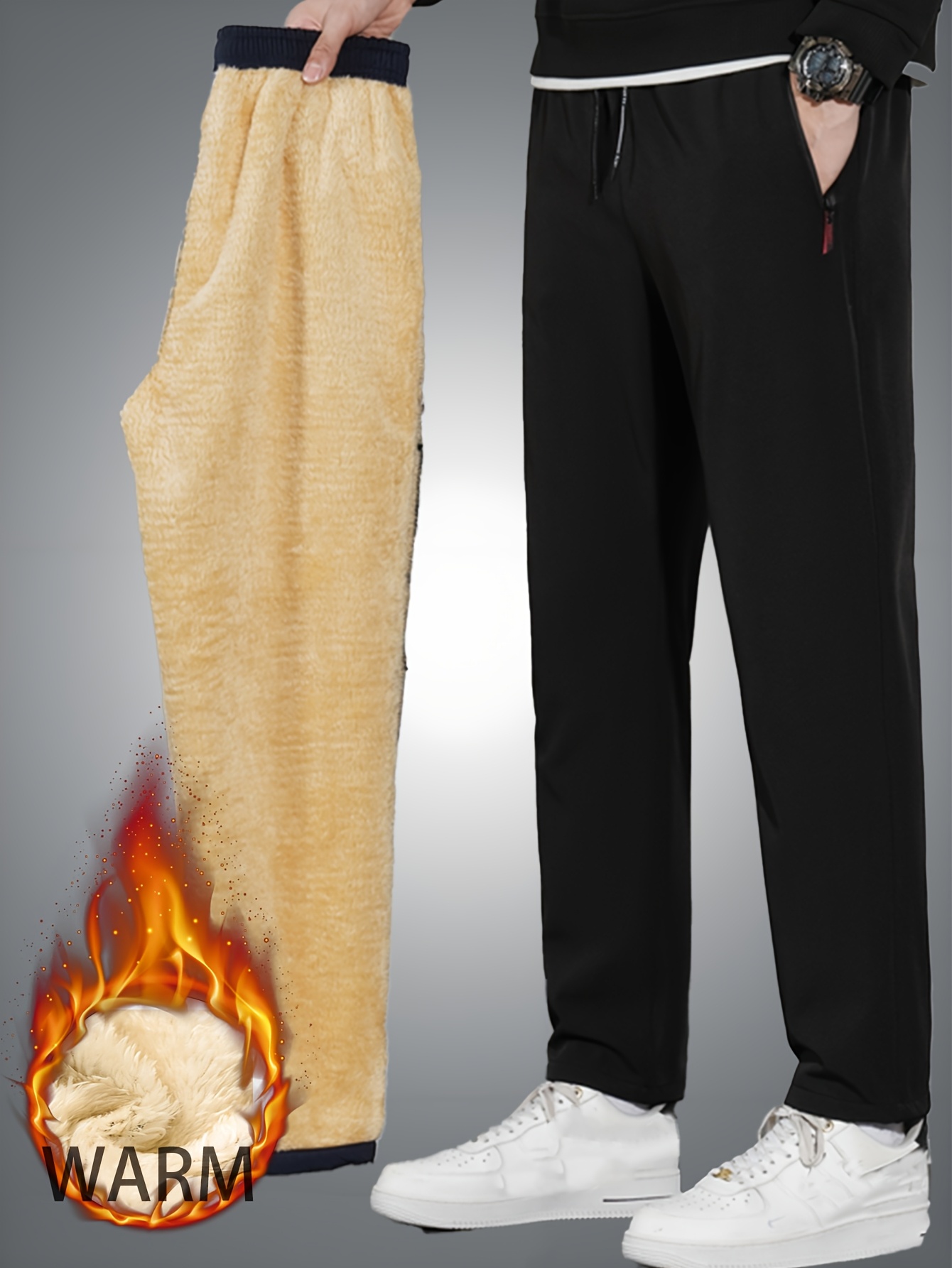 2pcs Men'S Warm Fleece-Lined Thermal Pants with Zipper Pockets - Thickened Winter Warmth, Straight-Leg Casual Sports Pants for Hiking, Outdoor Training & Daily Wear, Hiking Apparel | Straightleg Pants | Durable Fabric - Image 5