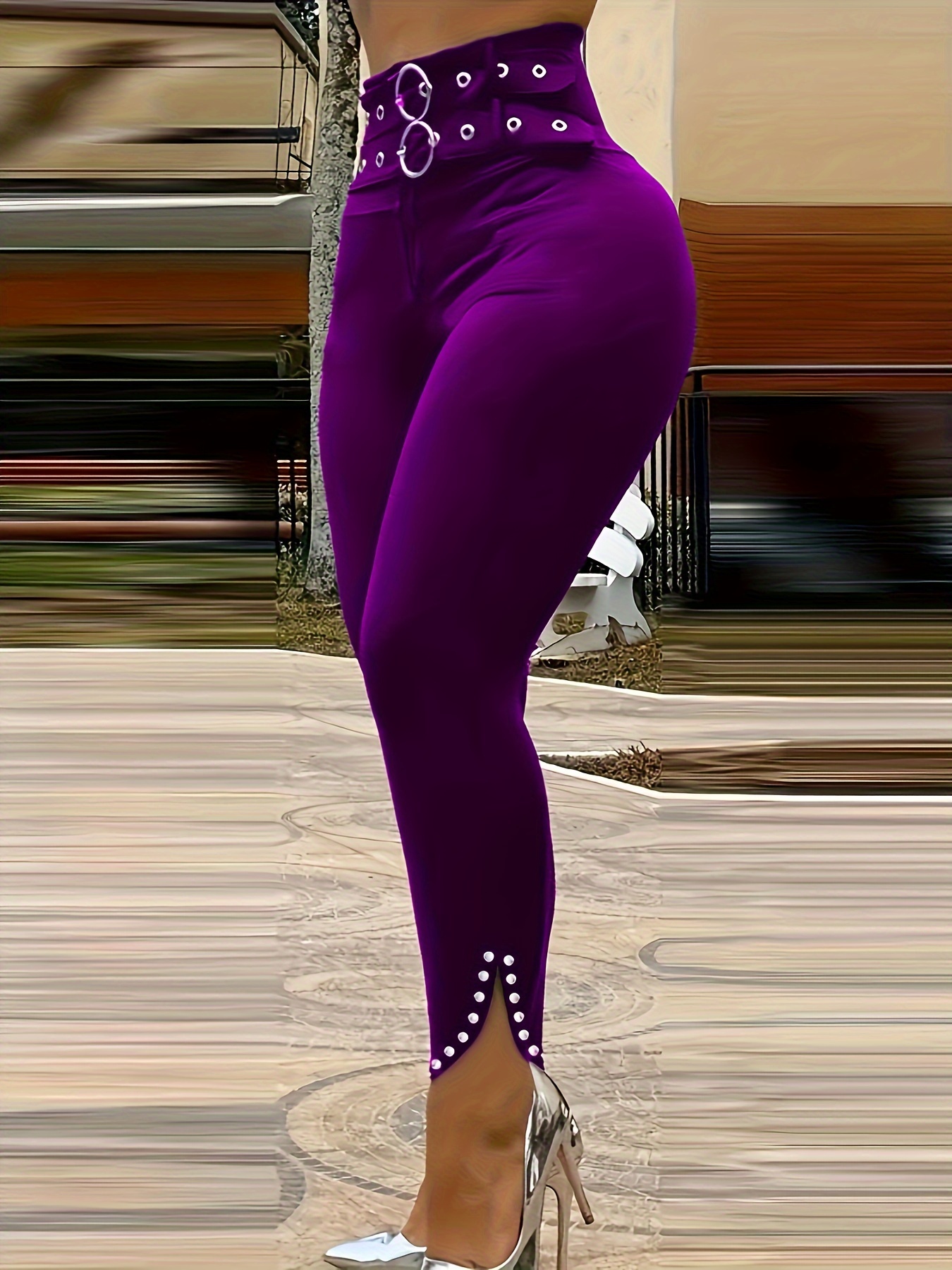 Chic Green High-Waist Skinny Pants with Elegant Button & Grommet Detail - Versatile, Stretchy Polyester, Machine Washable - Perfect for All Seasons - Image 4