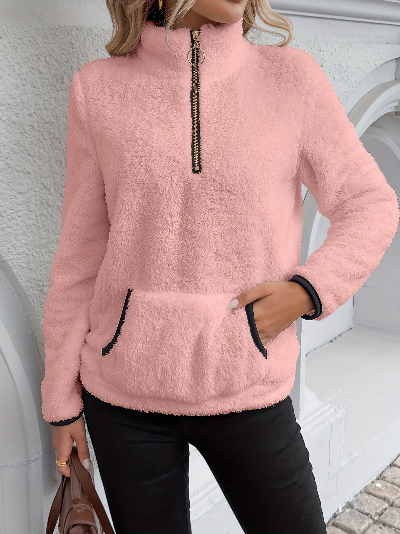 Cozy Fuzzy Womens Zip Front Sweatshirt with Contrast Trim - Stylish Kangaroo Pocket for Fall & Winter Casual Wear