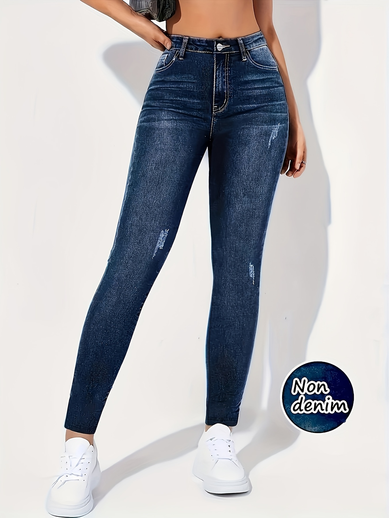 Women's High-Waisted Stretch Skinny Jeans - Tummy Control Bootcut Leg with Belt Loops & Button Closure, Retro Blue Wash Pants for All-Season Wear, Tight-Fitting Non-Sheer (Machine Washable) - Image 3