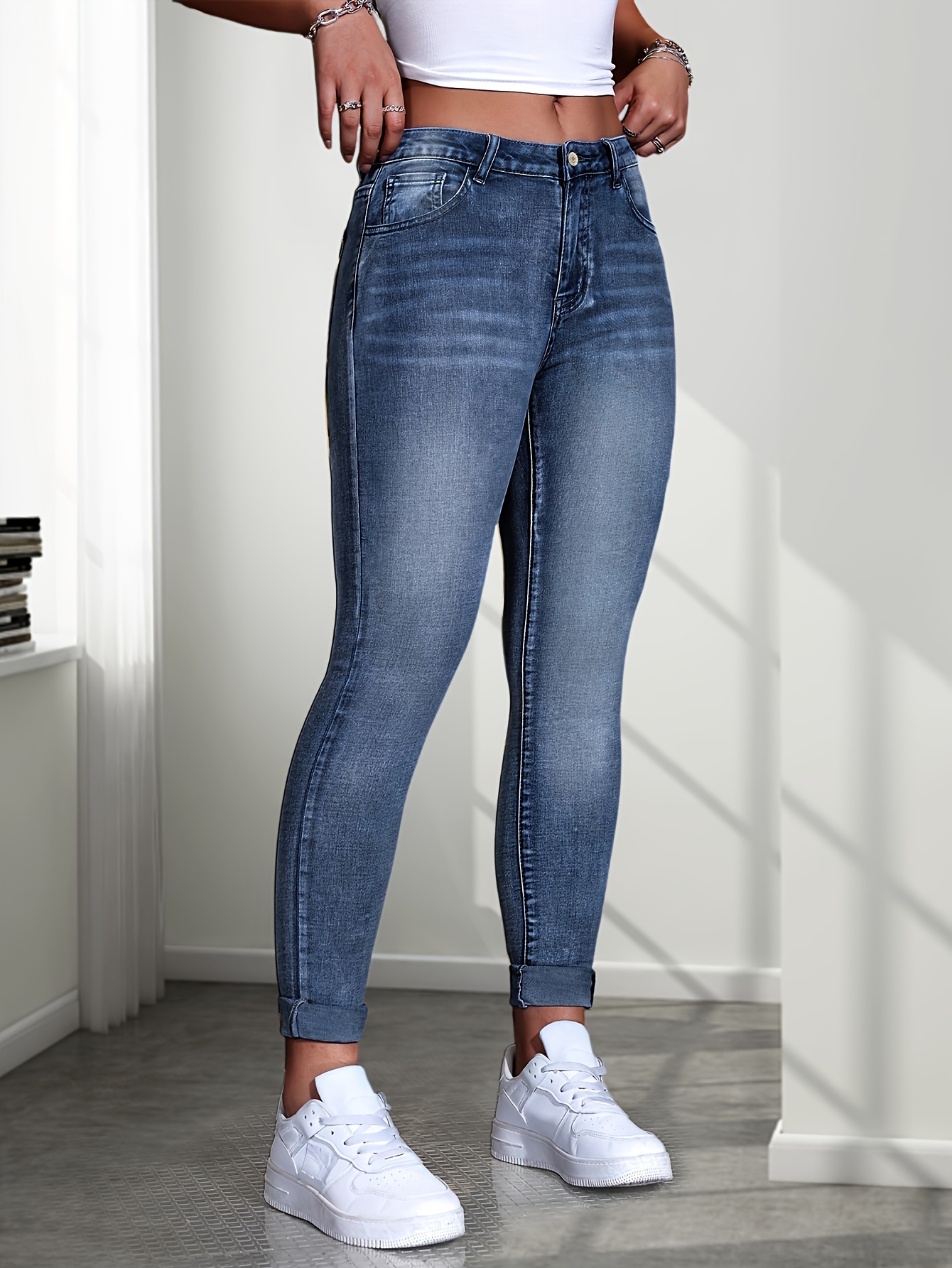 Women'S High-Waisted Stretch Denim Jeans - Slim Fit, Button Detail, Zipper Fly, All-Season Comfort, Light Blue, Casual Style, Comfortable Fashion|Slim Fit Jeans|Zipper Closure - Image 2