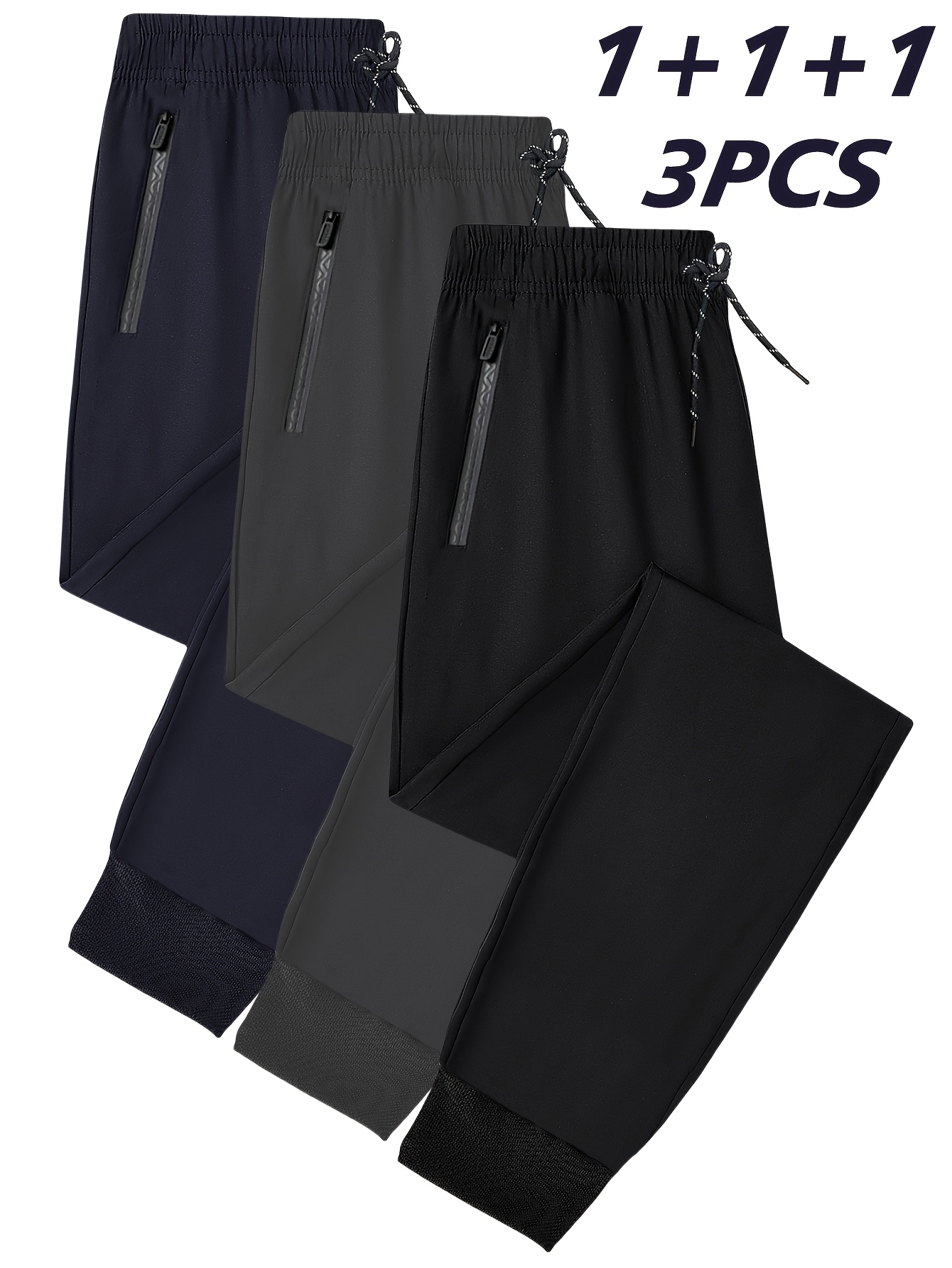 3pcs Men's Sports Long Pants, Outdoor Fitness Running Breathable Trendy Fashion Outerwear Trousers, Workout Trousers, Activewear Bottoms, Sporty Design, Modern Sportswear, Stretchable Pants, Breathable Fabric, Gym Trousers, Men's Activewear, Fitness