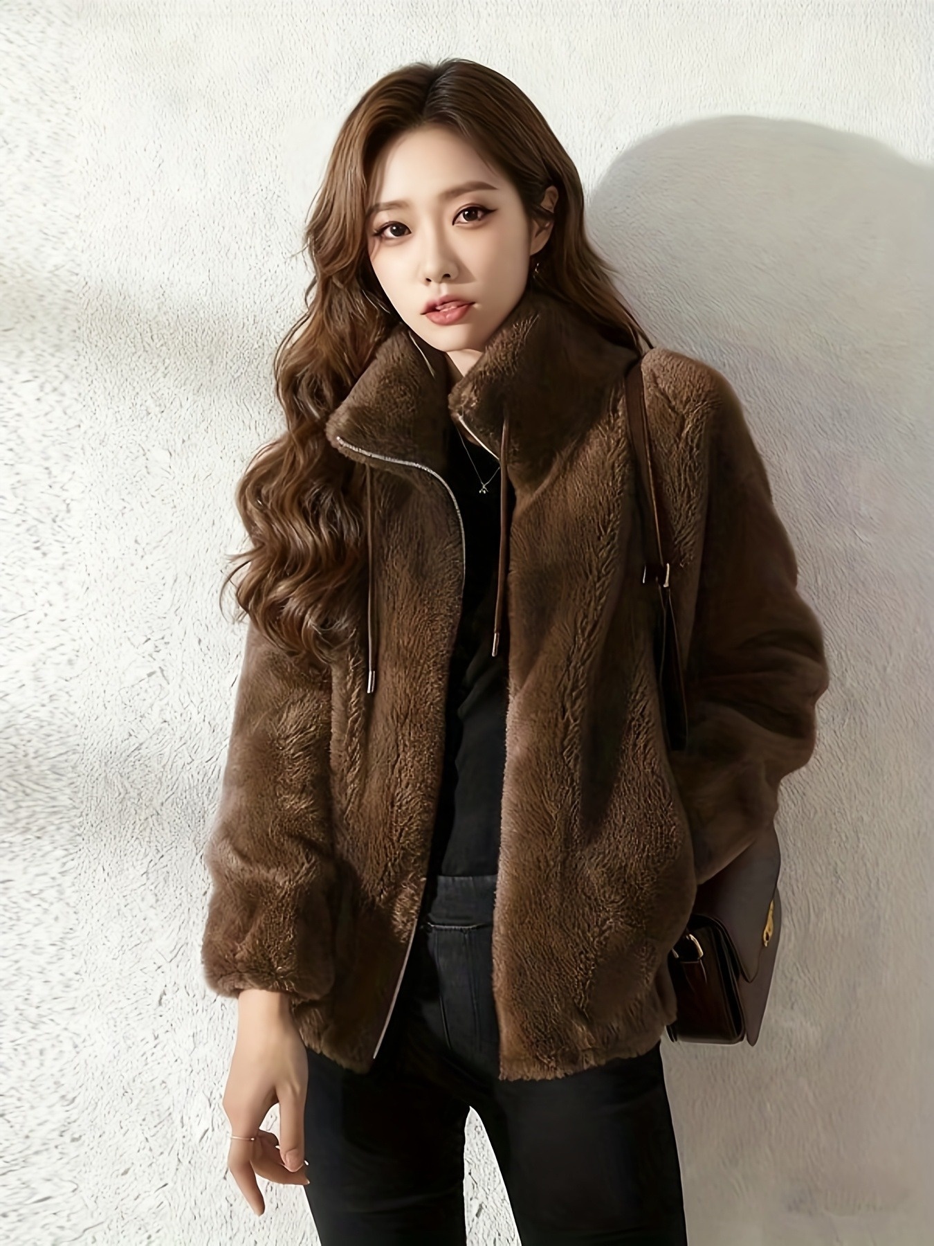 Women's Korean/ Style Plush Jacket - Windproof Winter Coat with Stand Collar & Pockets, Korean Warm Outerwear (No Belt), -Inspired Casual Long Sleeve Sweatsuit for Fall & Winter, Hand Washable (Solid Color)