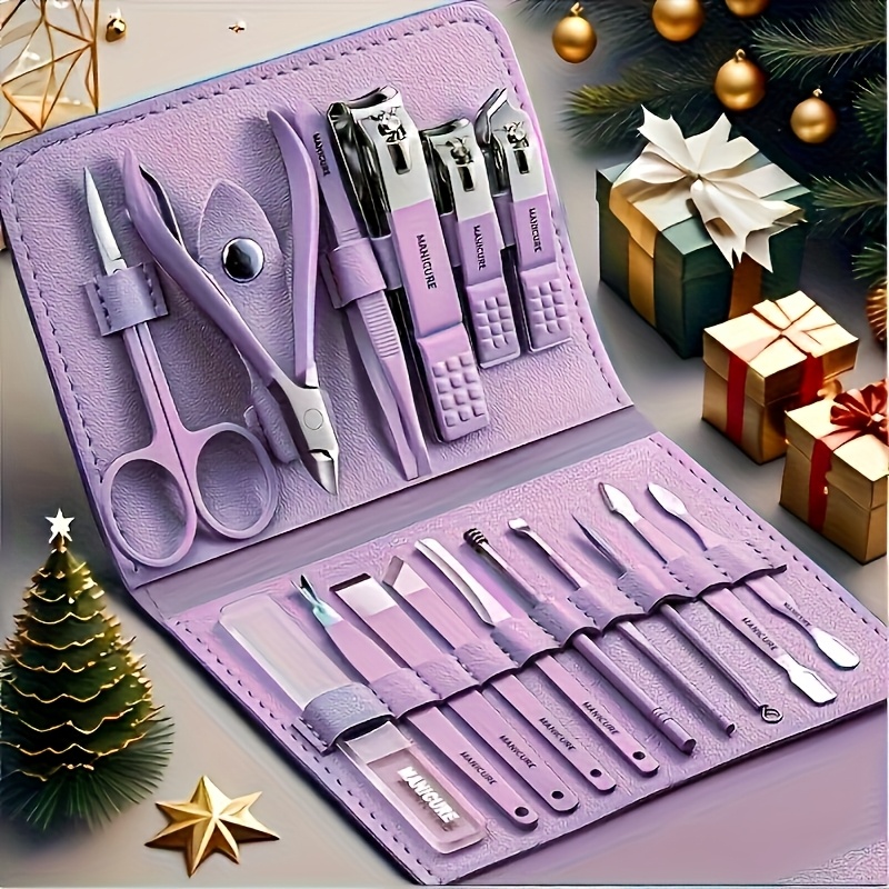 16pcs 14cm/11cm Premium Stainless Steel Nail Care Tool Set with Straight Edge Nail File, Ear Pick, and Scissors - Modern Style Professional Travel Beauty Kit in 3 Colors Available