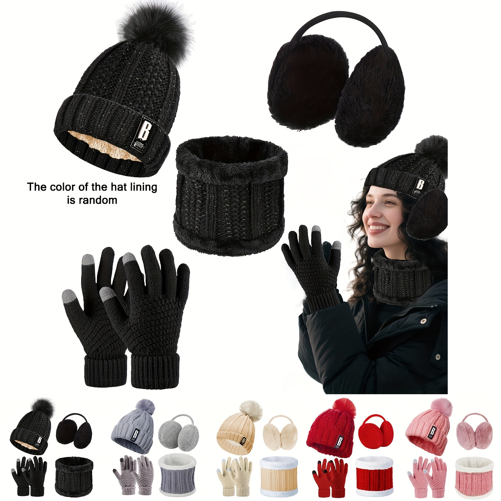 A 4pcs Women'S Winter Accessories Set Includes a Cozy Knitted Hoodie, a Furry Top, Touchscreen-Compatible Gloves, Earmuffs, a Neck Warmer, And Essential Protective Gear for The Cold And Snow Outdoors.
