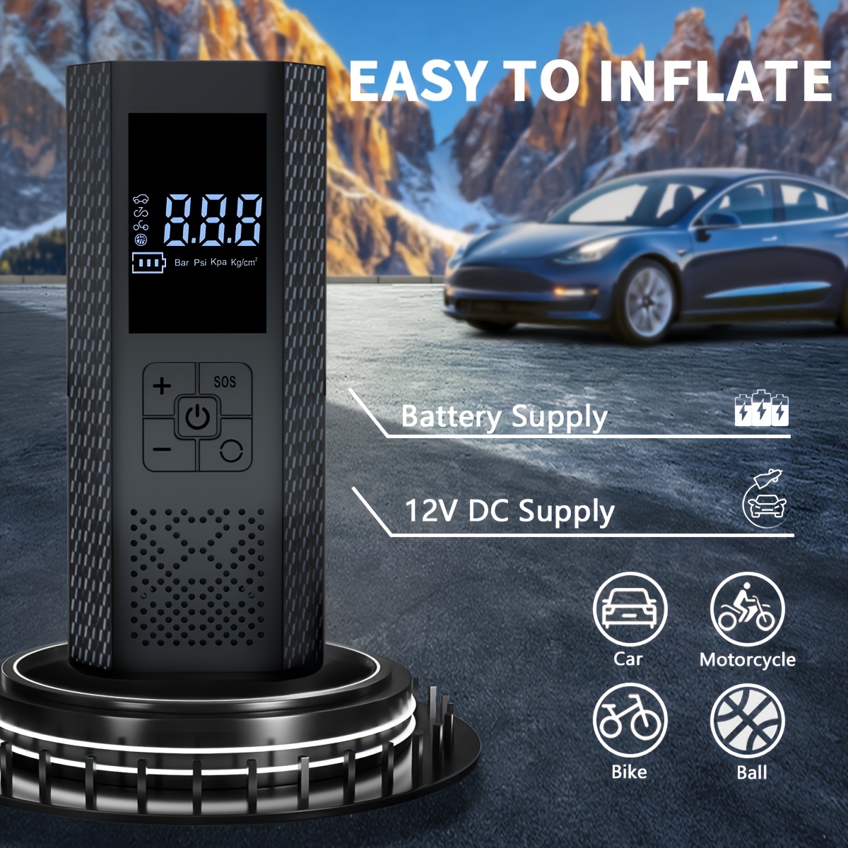 Portable Air Compressor Tire Pump, 150PSI Car Tire Air Pump with Tire Pressure Gauge, LED, 3x Faster One-Click Smart Wireless Tire Inflator for Cars, Motorcycles, Bicycles, Balls, etc - Image 3