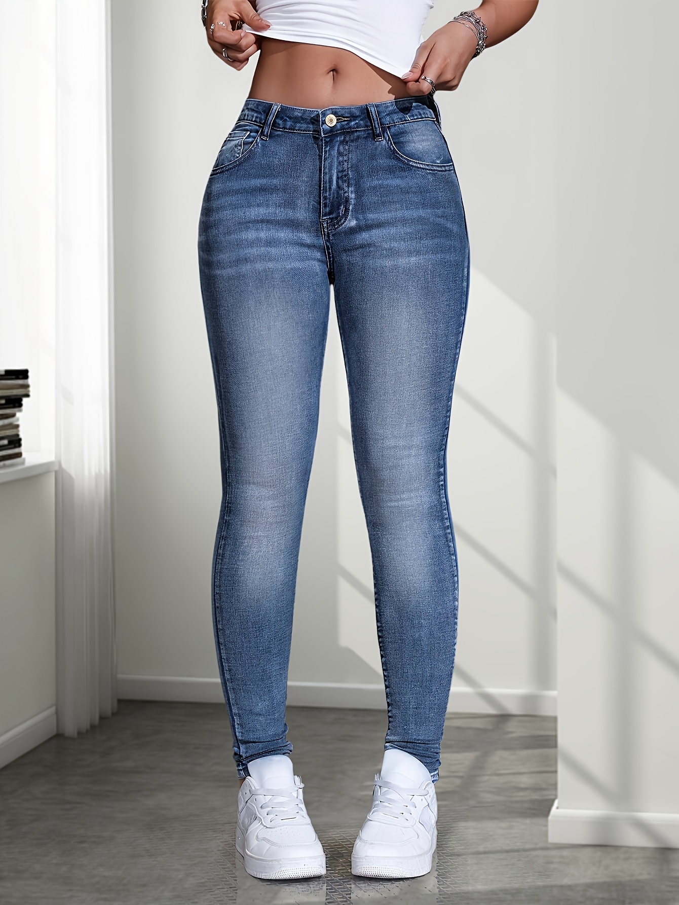 Women'S High-Waisted Stretch Denim Jeans - Slim Fit, Button Detail, Zipper Fly, All-Season Comfort, Light Blue, Casual Style, Comfortable Fashion|Slim Fit Jeans|Zipper Closure